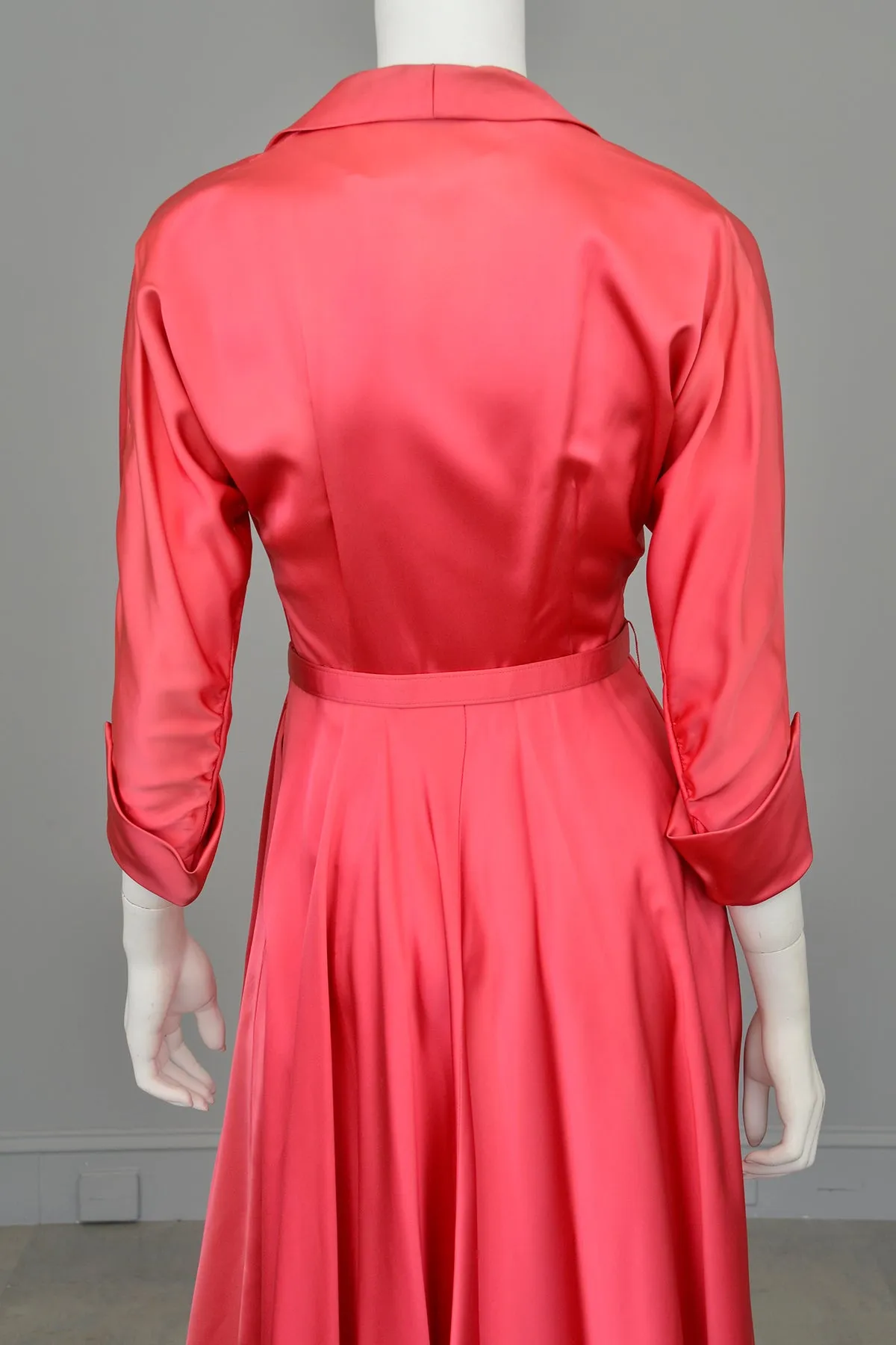 1940s Raspberry Pink Satin Wrap Front Dress House Coat