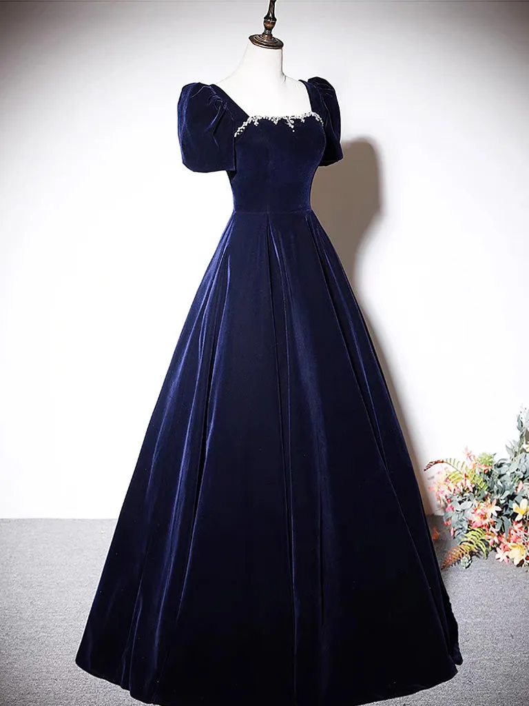 A-Line Dark Blue Velvet Long Prom Dress, Blue Formal Evening Dress