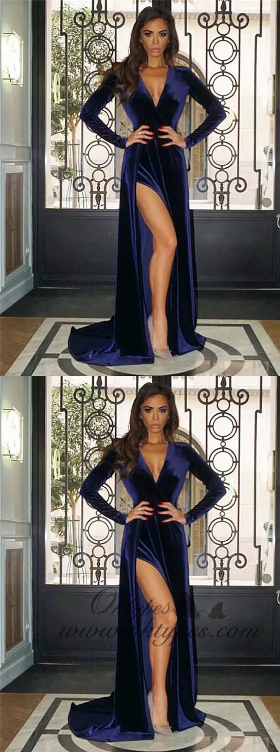 A-Line V-Neck Long Navy Blue Velvet Prom Evening Dresses, TYP1580