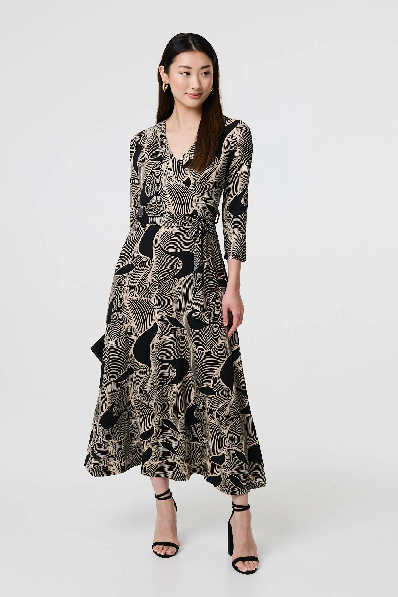 Abstract 3/4 Sleeve Tie Waist Wrap Maxi Dress