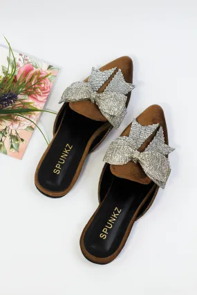 Annabel Chocolate Brown Crystal mesh bow Velvet Mules