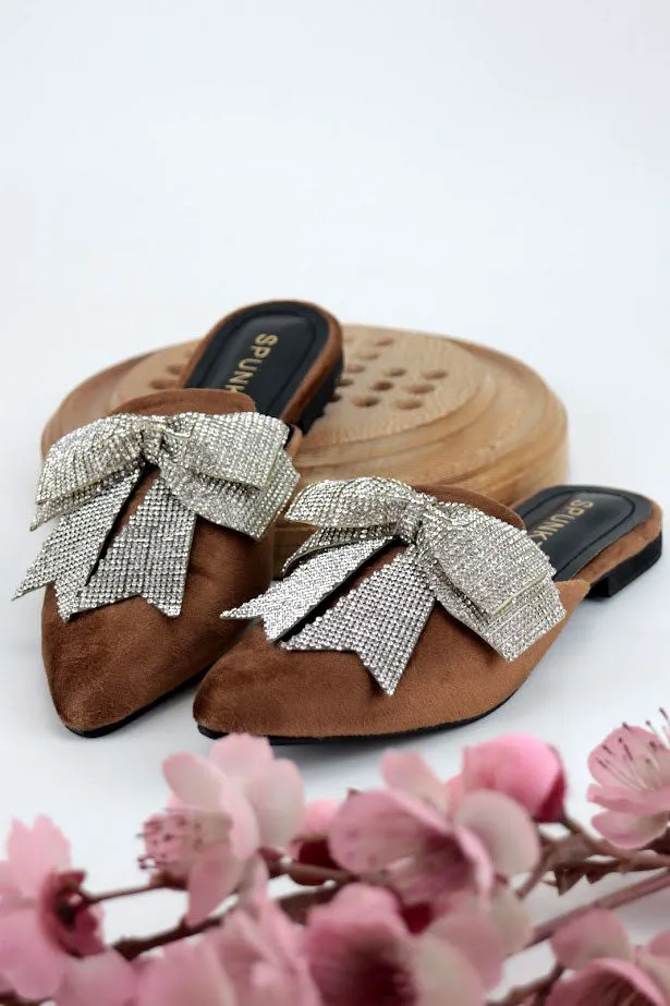 Annabel Chocolate Brown Crystal mesh bow Velvet Mules