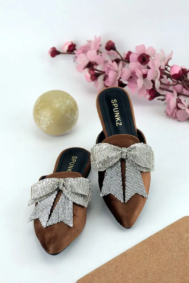 Annabel Chocolate Brown Crystal mesh bow Velvet Mules