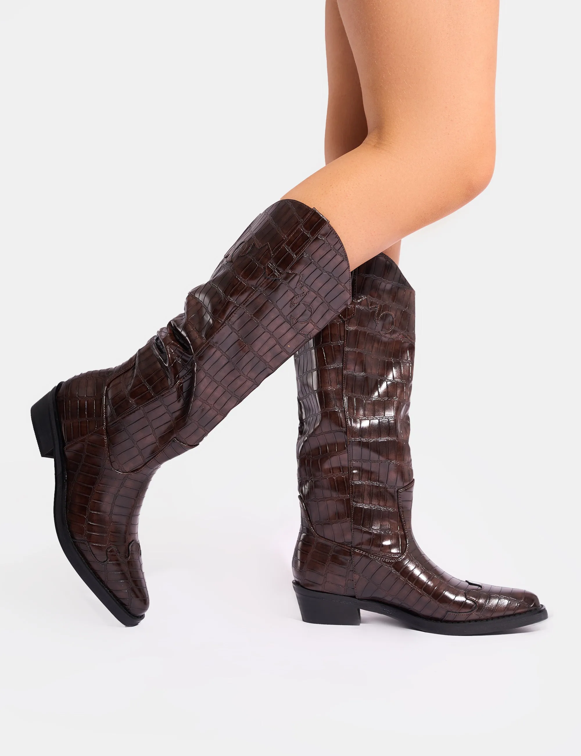 Apollo Brown Croc Wide Fit Flat Western Knee High Boots