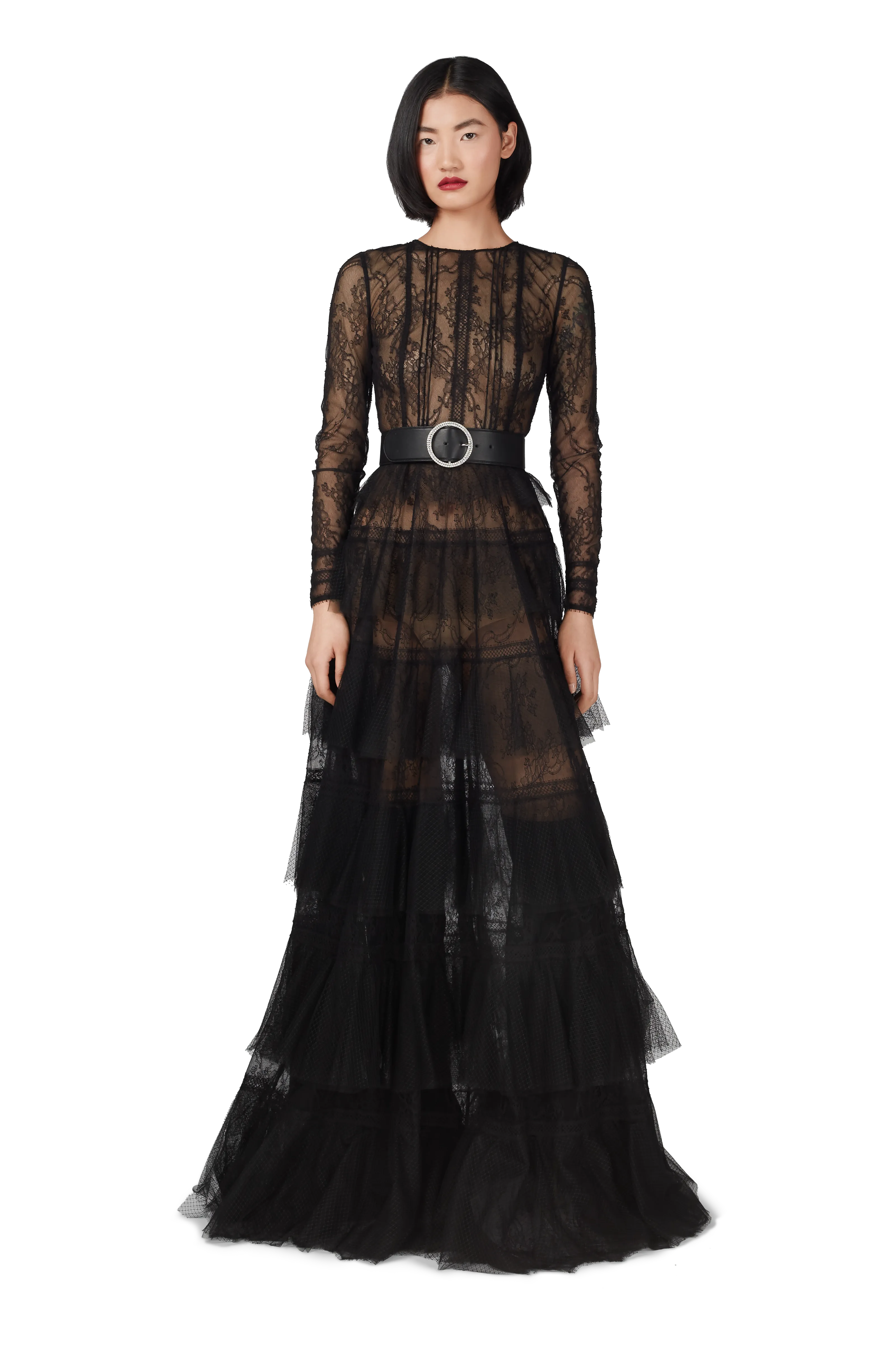 Black Chantilly Lace Pleated Gown