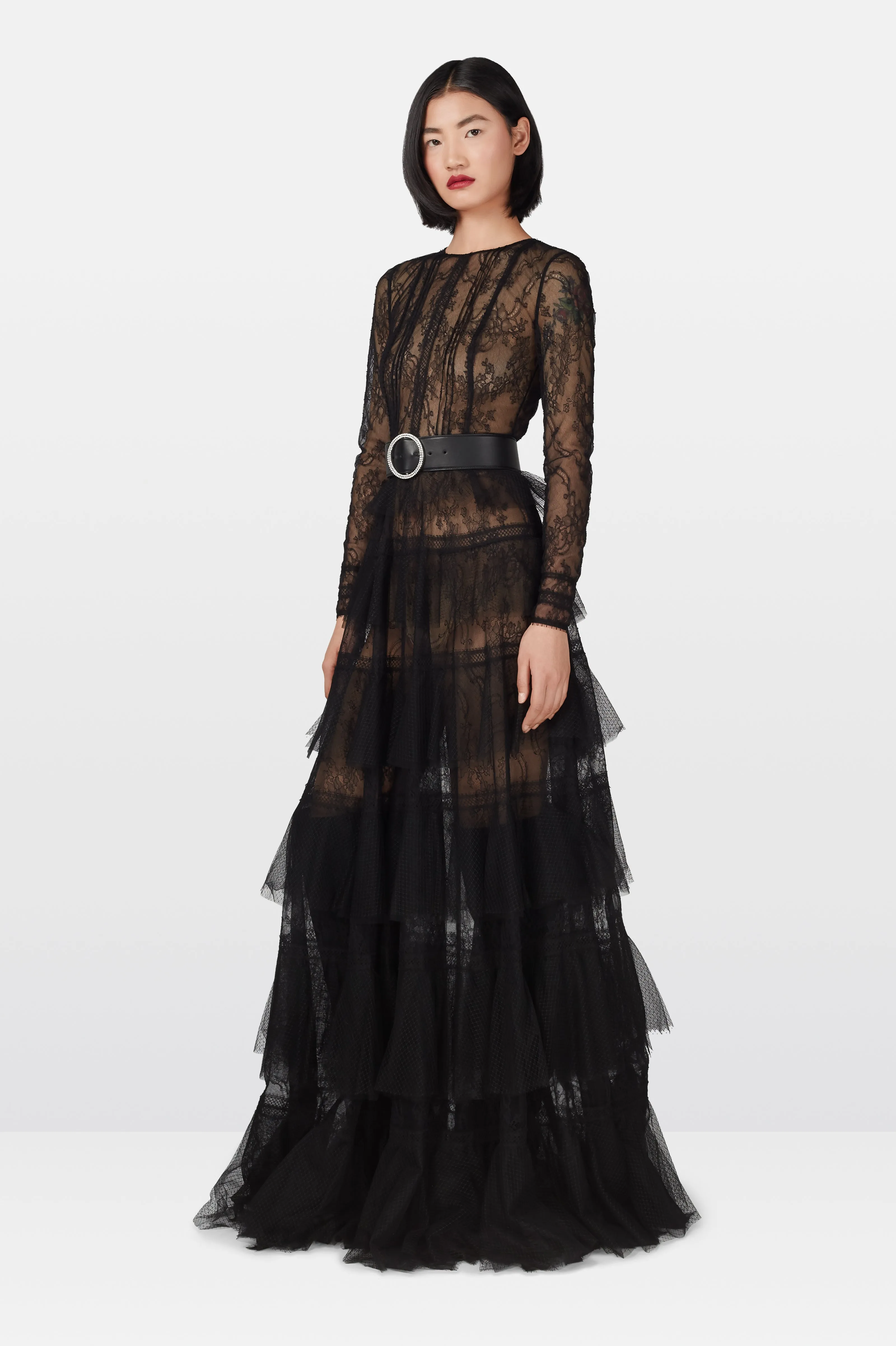 Black Chantilly Lace Pleated Gown