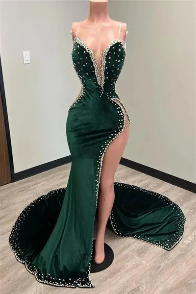 Black Girl Prom Dresses Long Mermaid Green Prom Gown With Train,DP0103