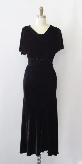 BLACK MAGIC 1930s Silk Velvet Bias Cut Dress w/ Capelet Sleeves, Sz Small