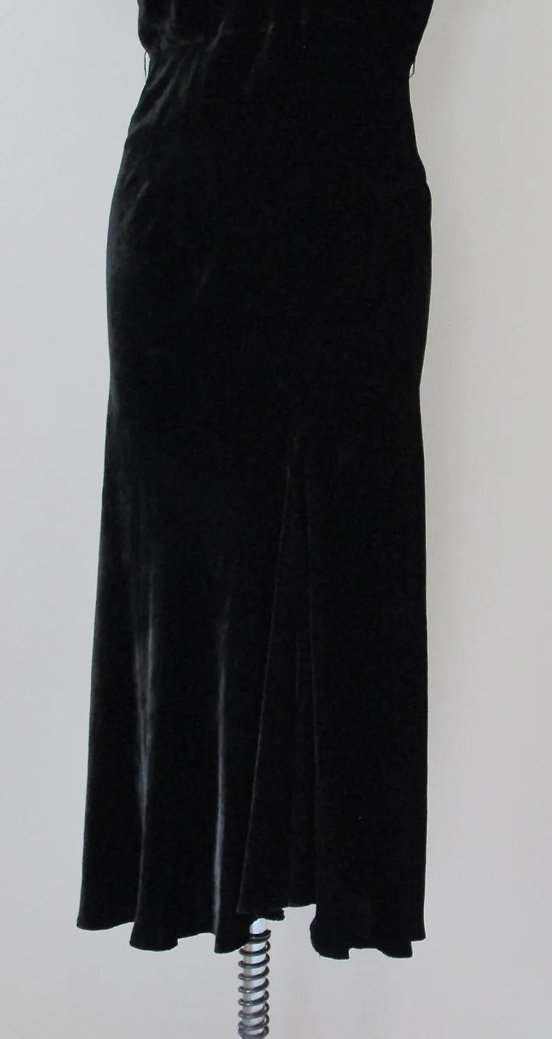 BLACK MAGIC 1930s Silk Velvet Bias Cut Dress w/ Capelet Sleeves, Sz Small