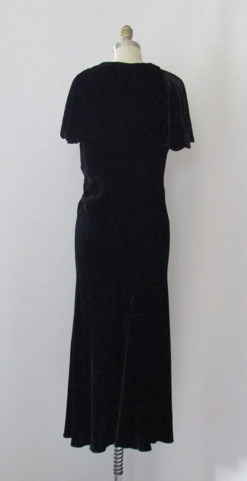 BLACK MAGIC 1930s Silk Velvet Bias Cut Dress w/ Capelet Sleeves, Sz Small