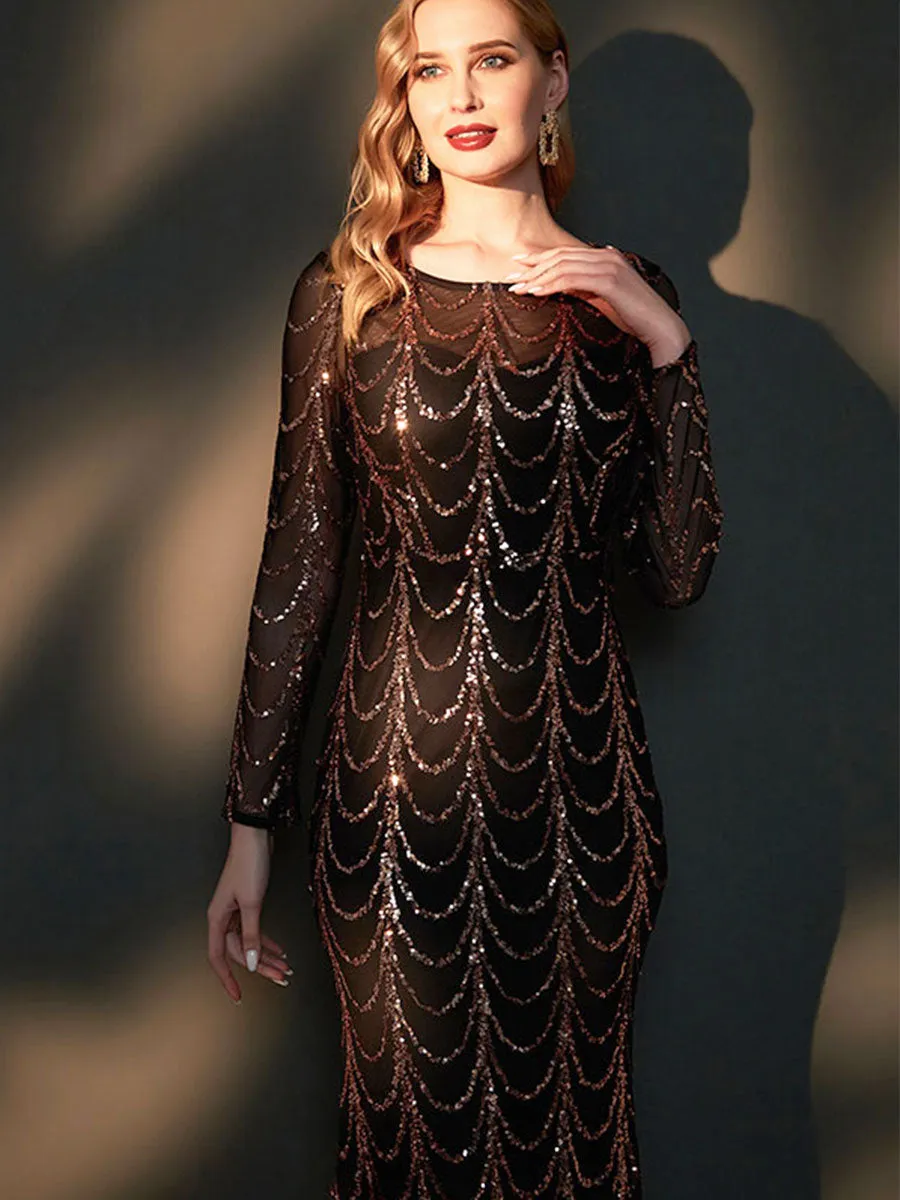 Black Sequin Long Sleeves Boat Neck Floor Length Mermaid Evening Gown