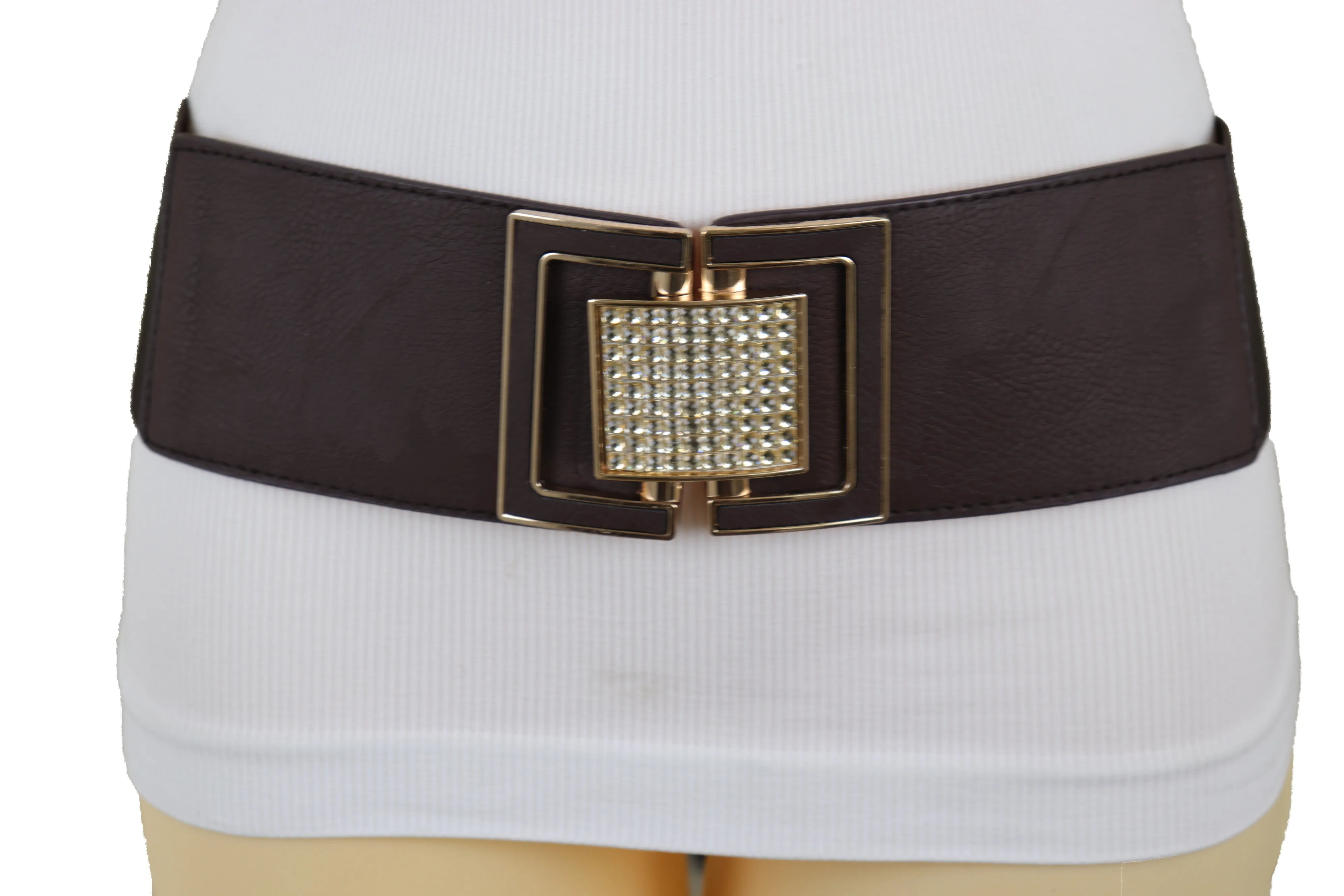 Brown Elastic Belt Gold Square Bling Buckle Fit Size S M