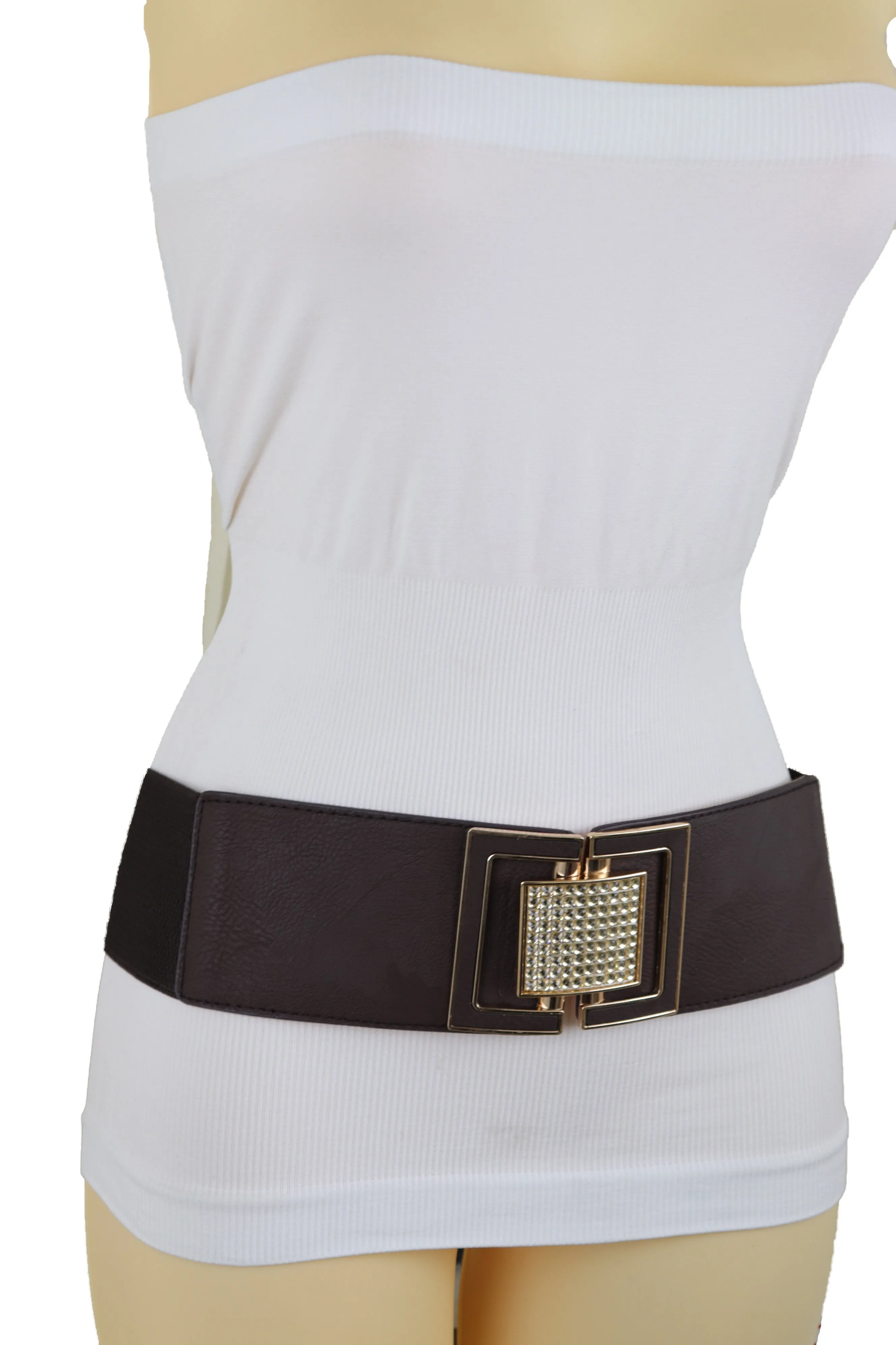 Brown Elastic Belt Gold Square Bling Buckle Fit Size S M