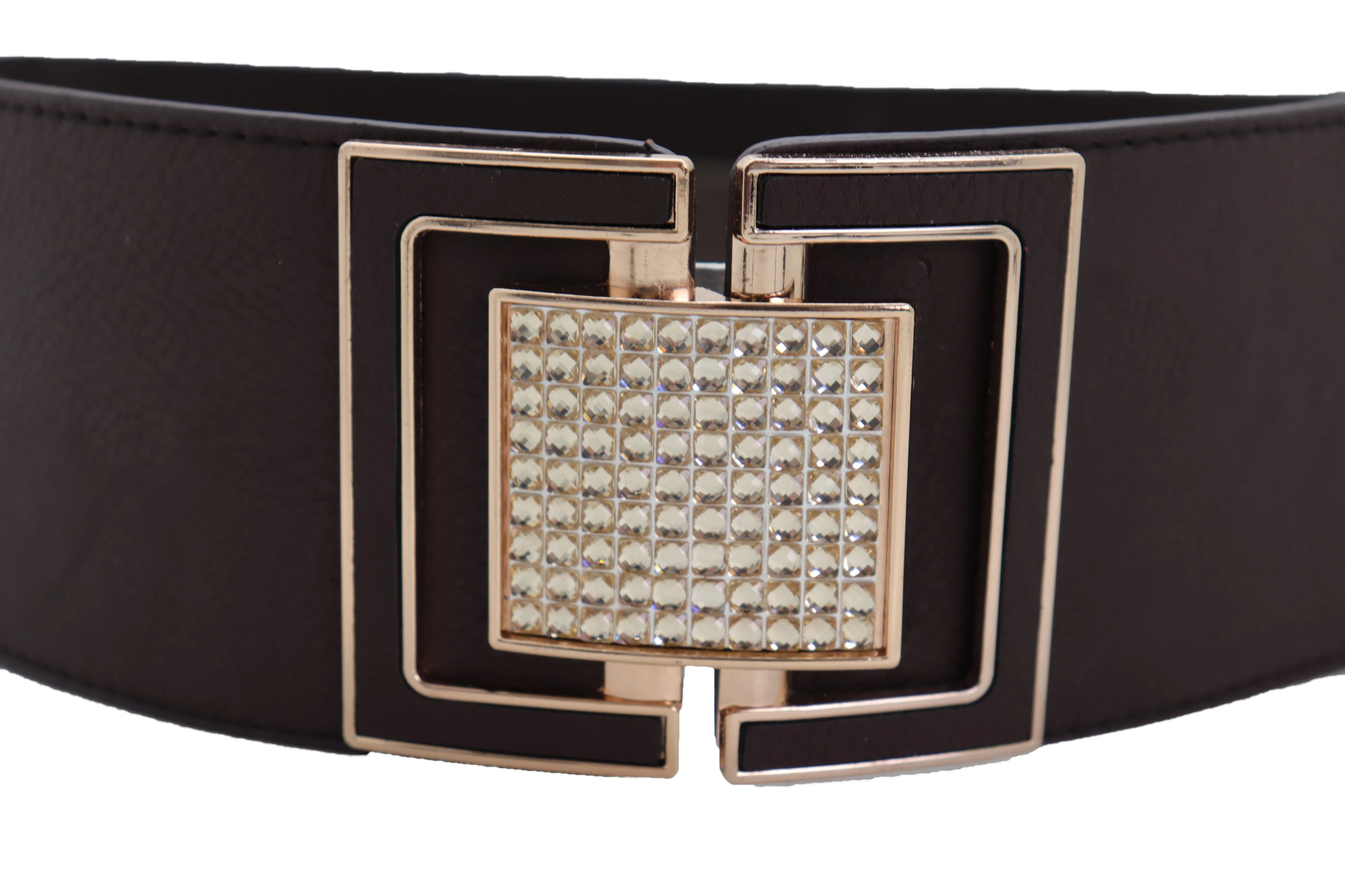 Brown Elastic Belt Gold Square Bling Buckle Fit Size S M