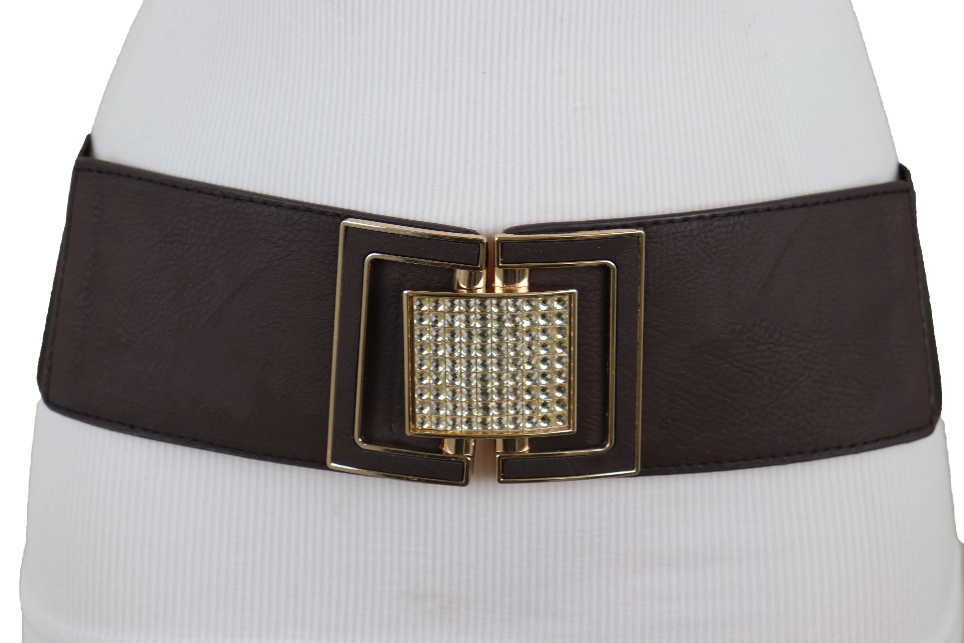 Brown Elastic Belt Gold Square Bling Buckle Fit Size S M