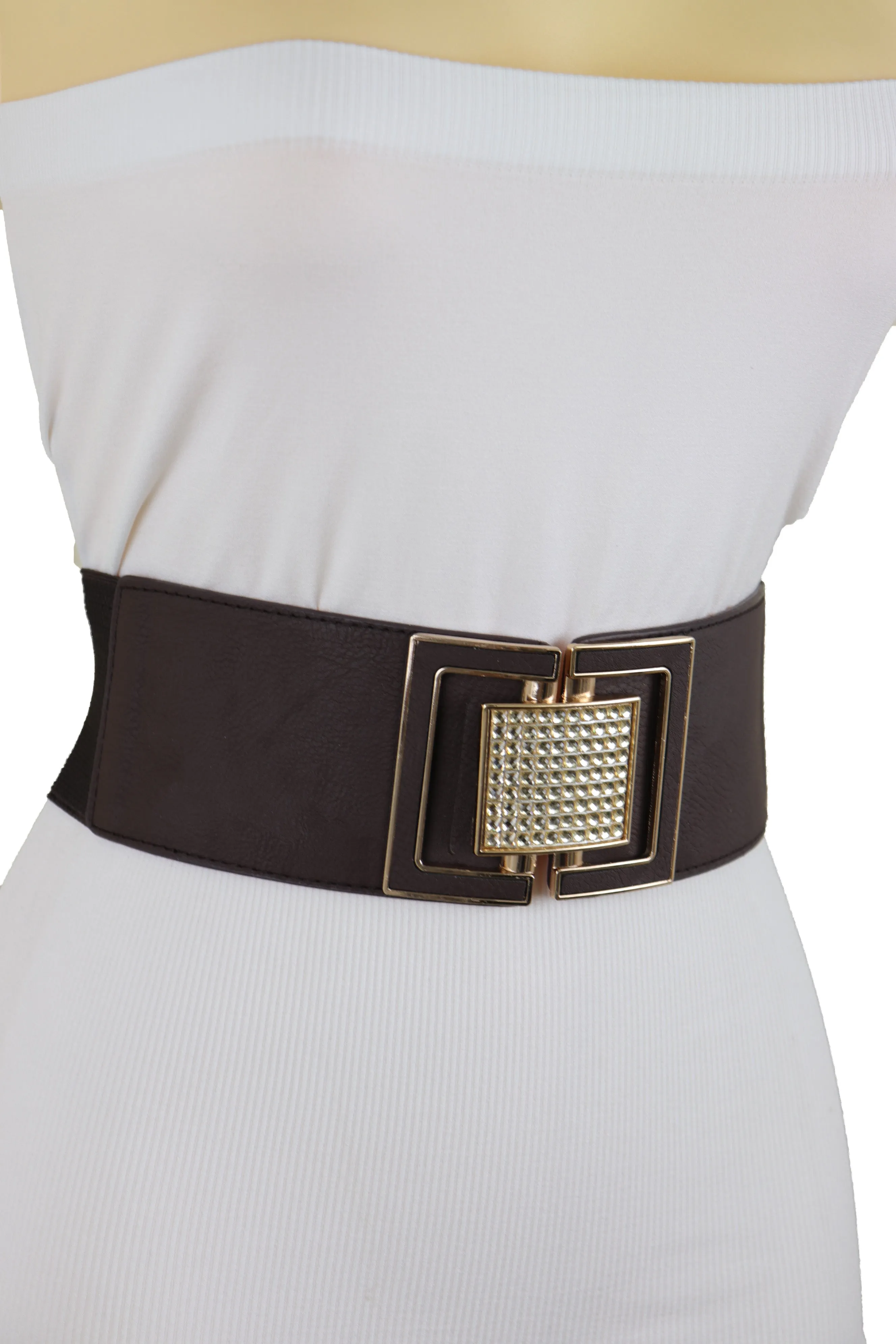 Brown Elastic Belt Gold Square Bling Buckle Fit Size S M