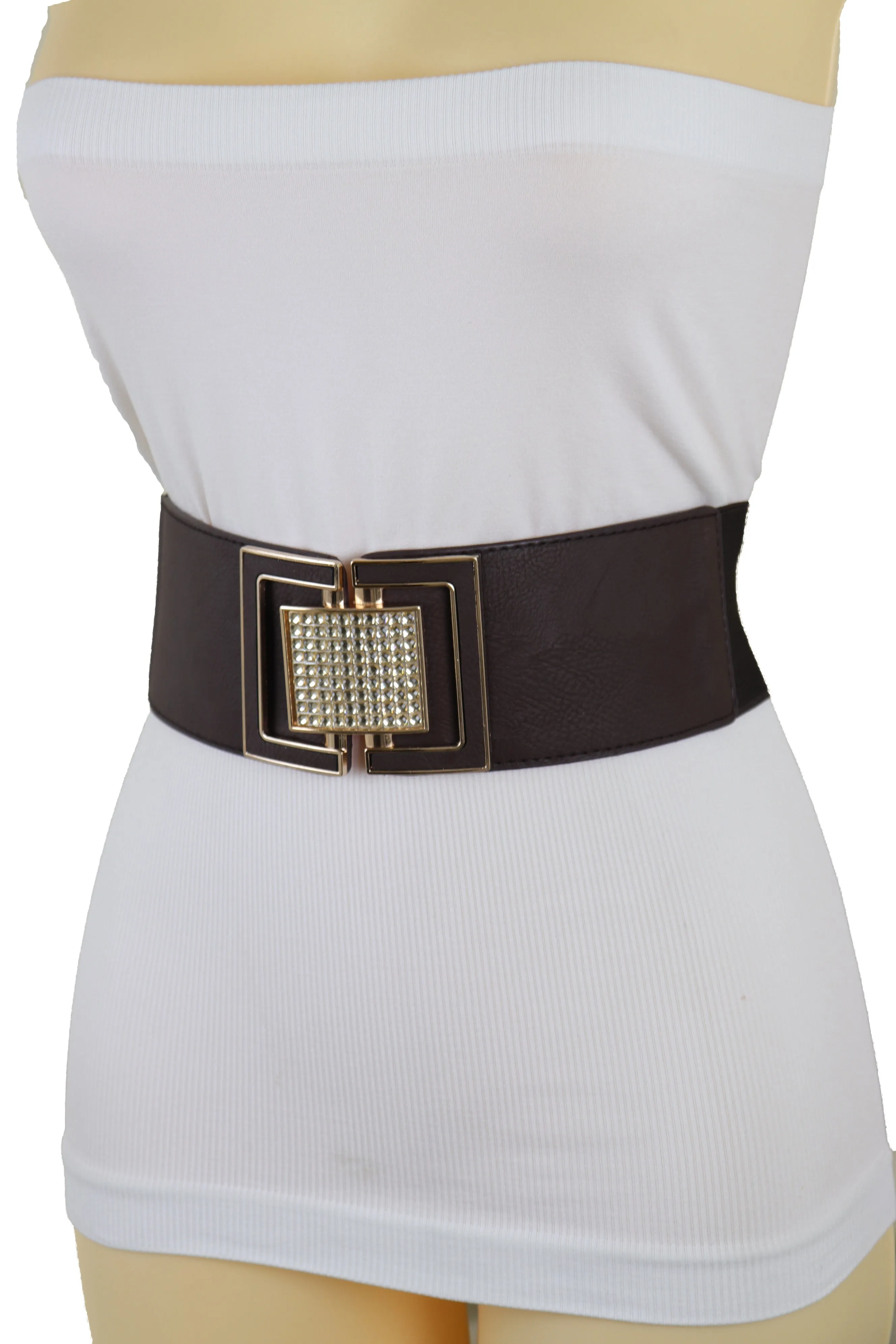 Brown Elastic Belt Gold Square Bling Buckle Fit Size S M