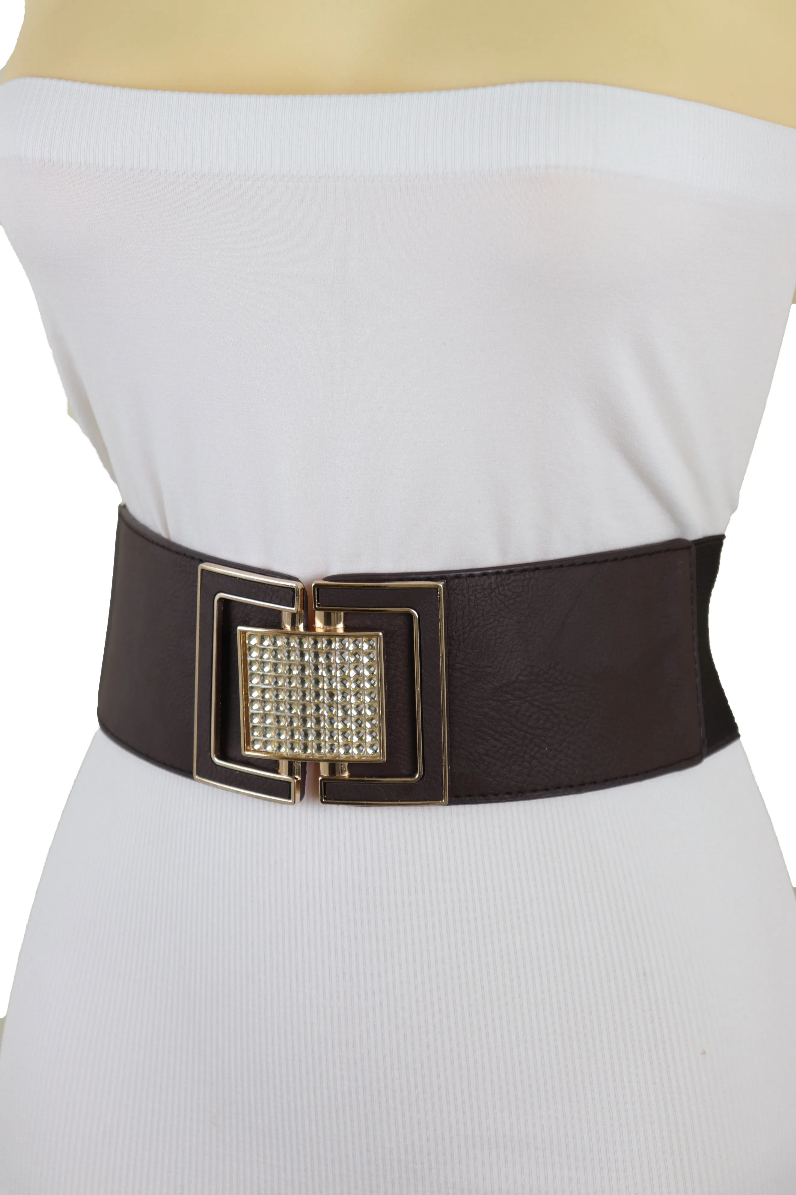 Brown Elastic Belt Gold Square Bling Buckle Fit Size S M