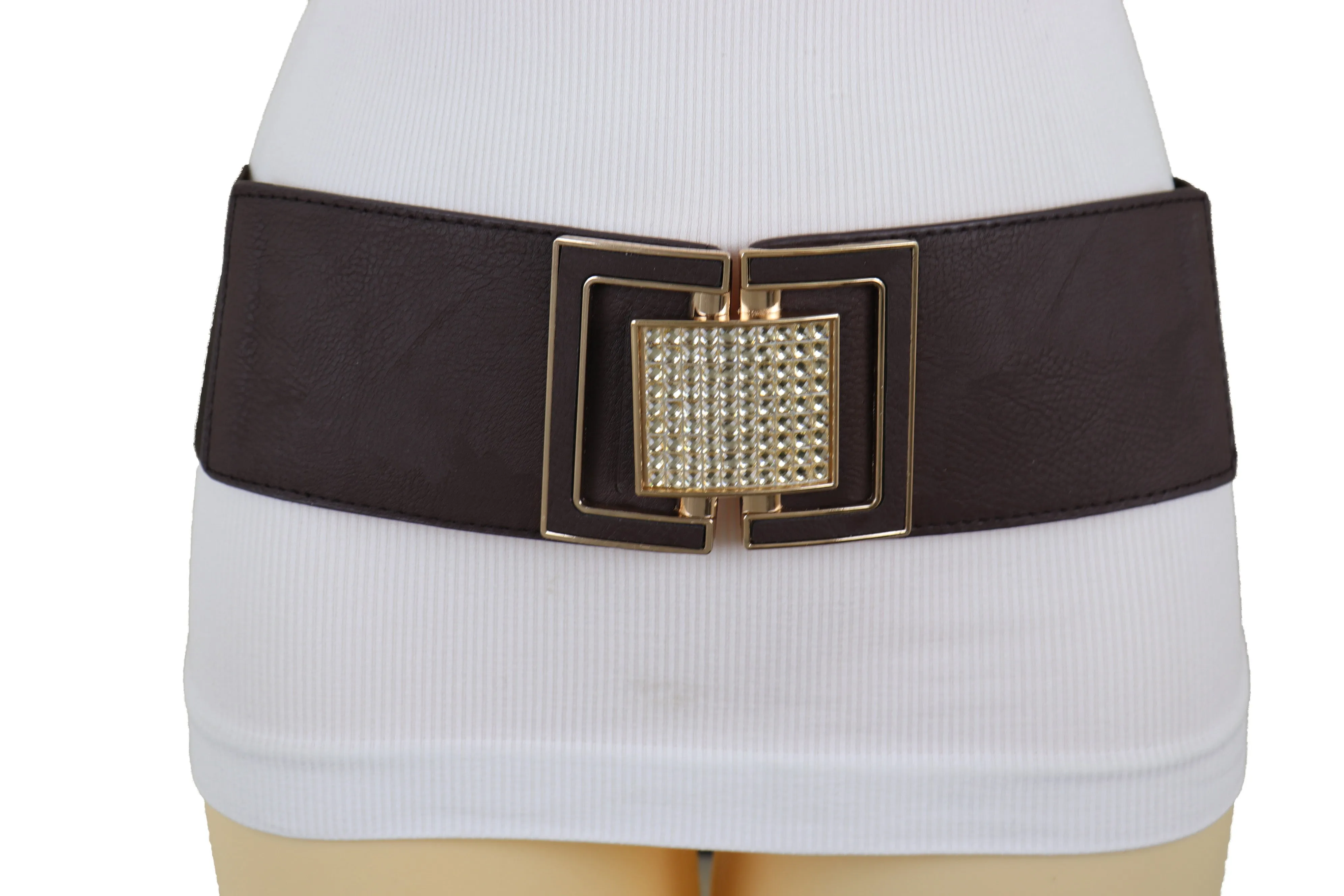 Brown Elastic Belt Gold Square Bling Buckle Fit Size S M