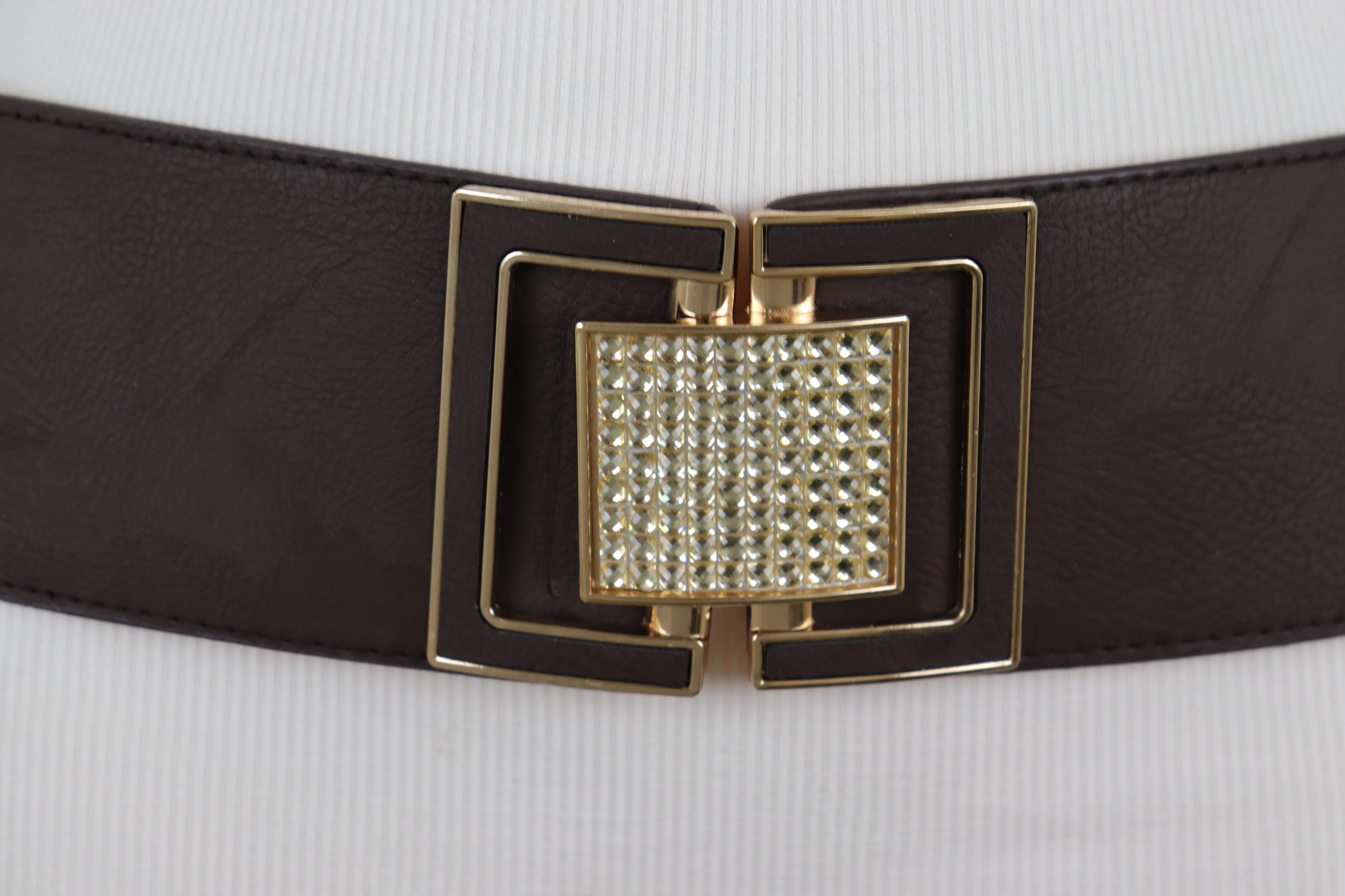 Brown Elastic Belt Gold Square Bling Buckle Fit Size S M