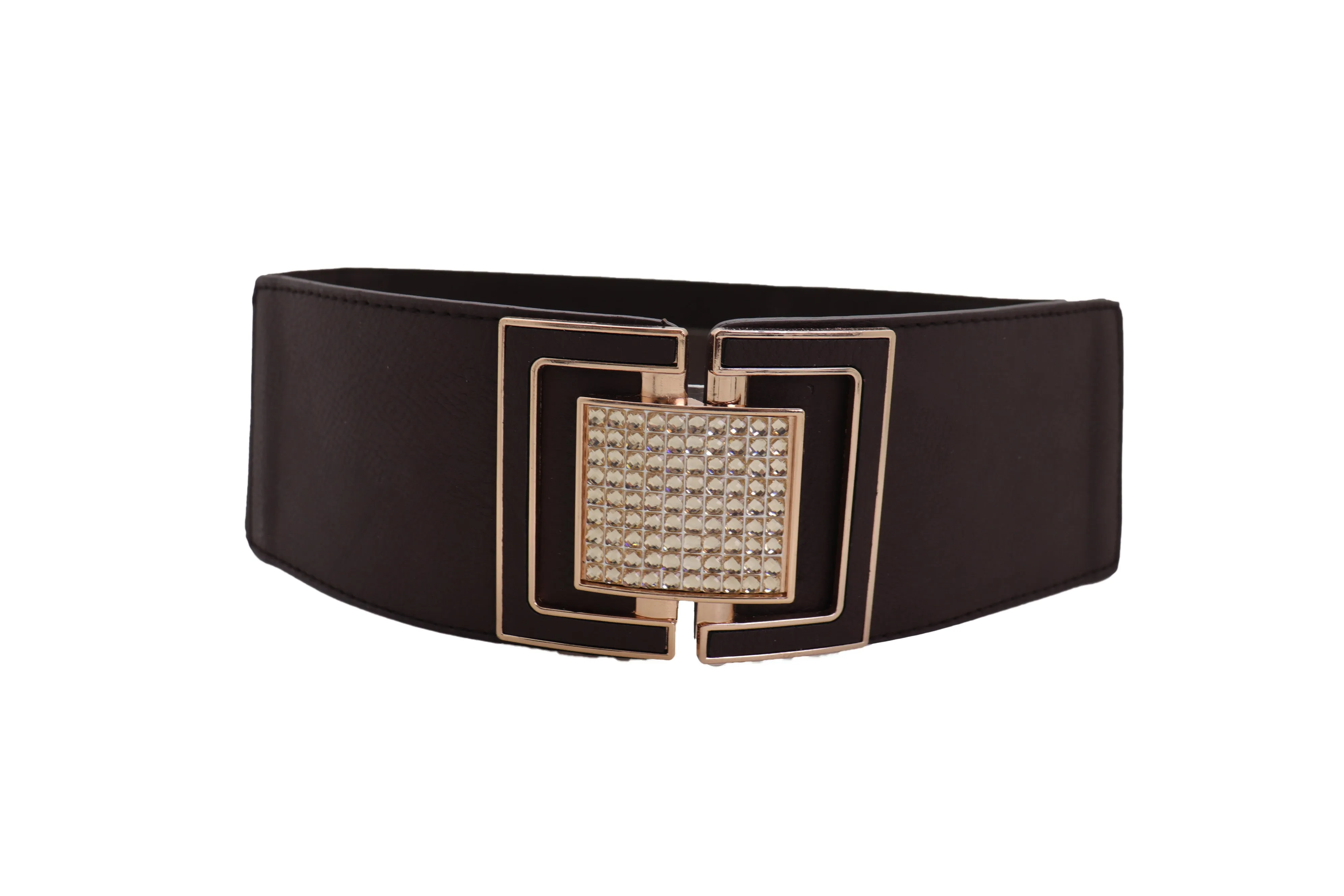 Brown Elastic Belt Gold Square Bling Buckle Fit Size S M