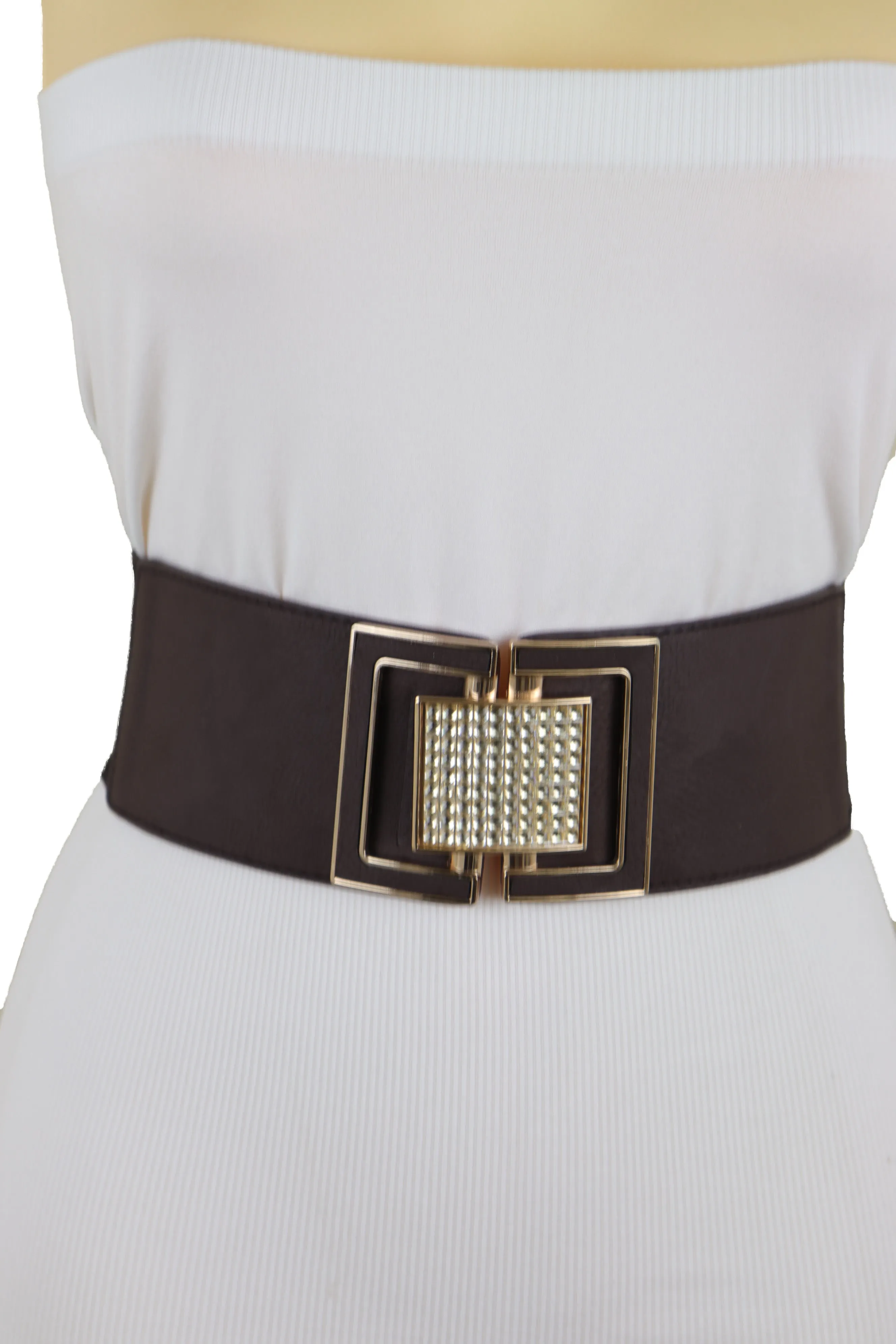 Brown Elastic Belt Gold Square Bling Buckle Fit Size S M