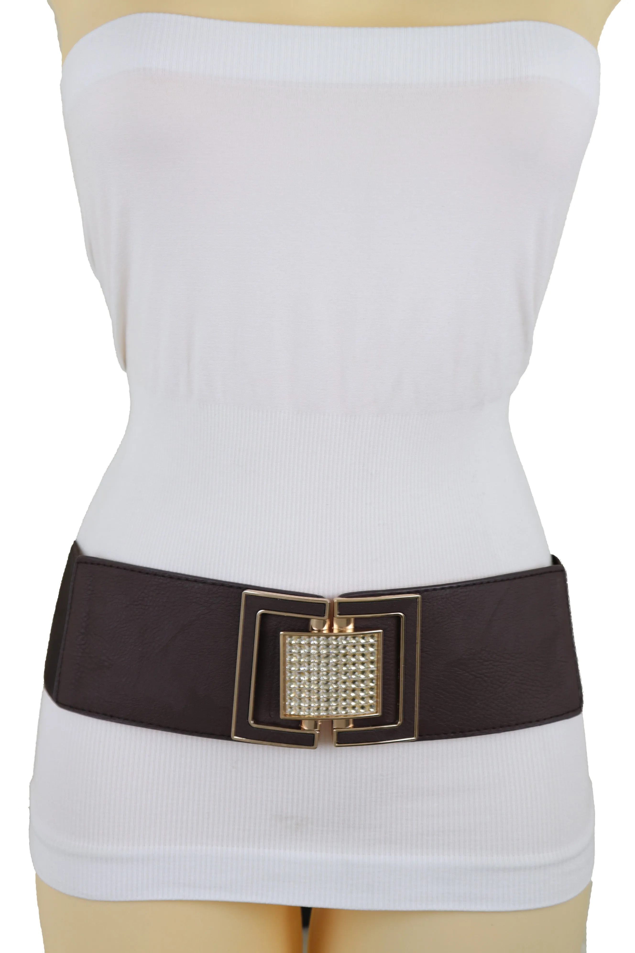 Brown Elastic Belt Gold Square Bling Buckle Fit Size S M