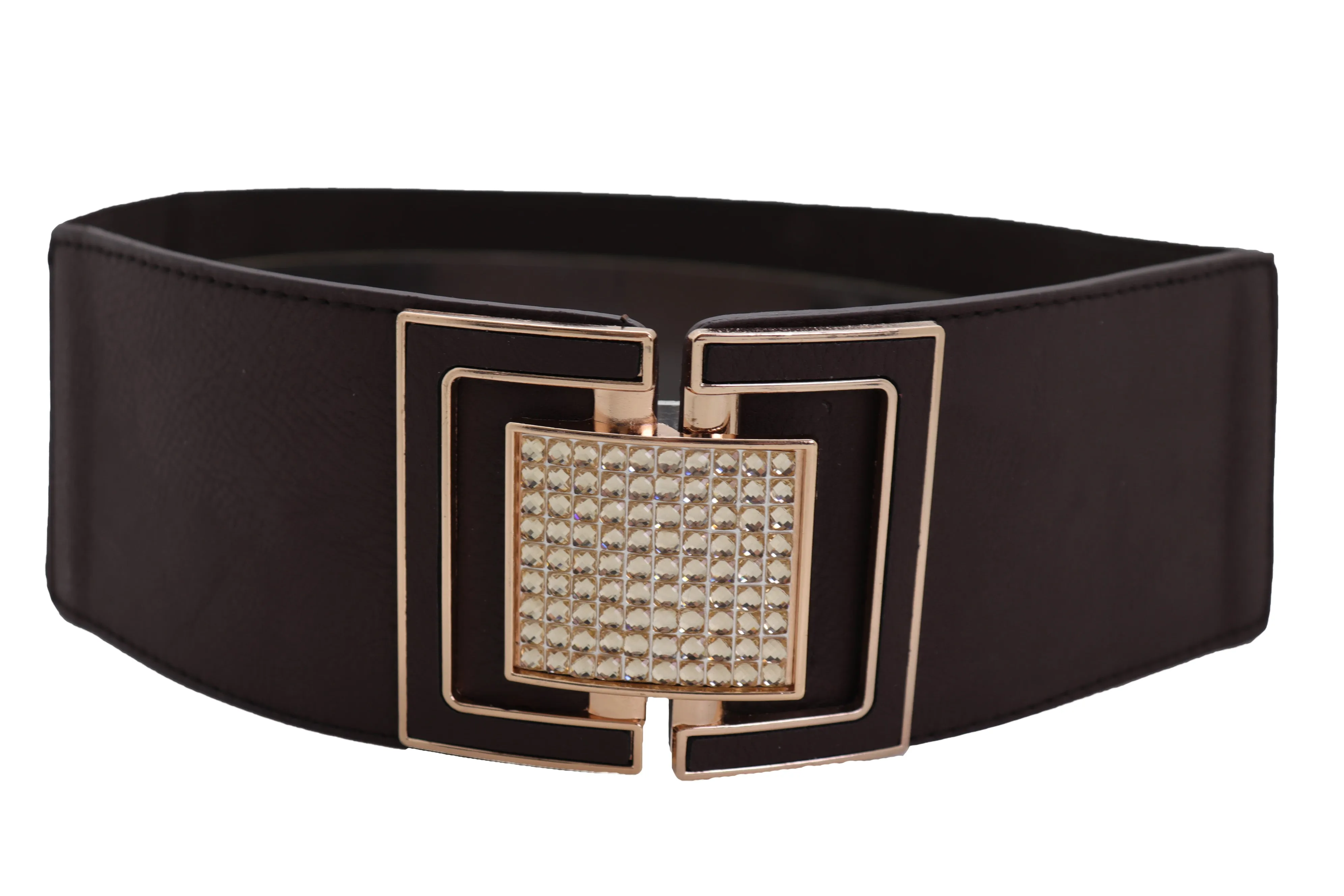 Brown Elastic Belt Gold Square Bling Buckle Fit Size S M