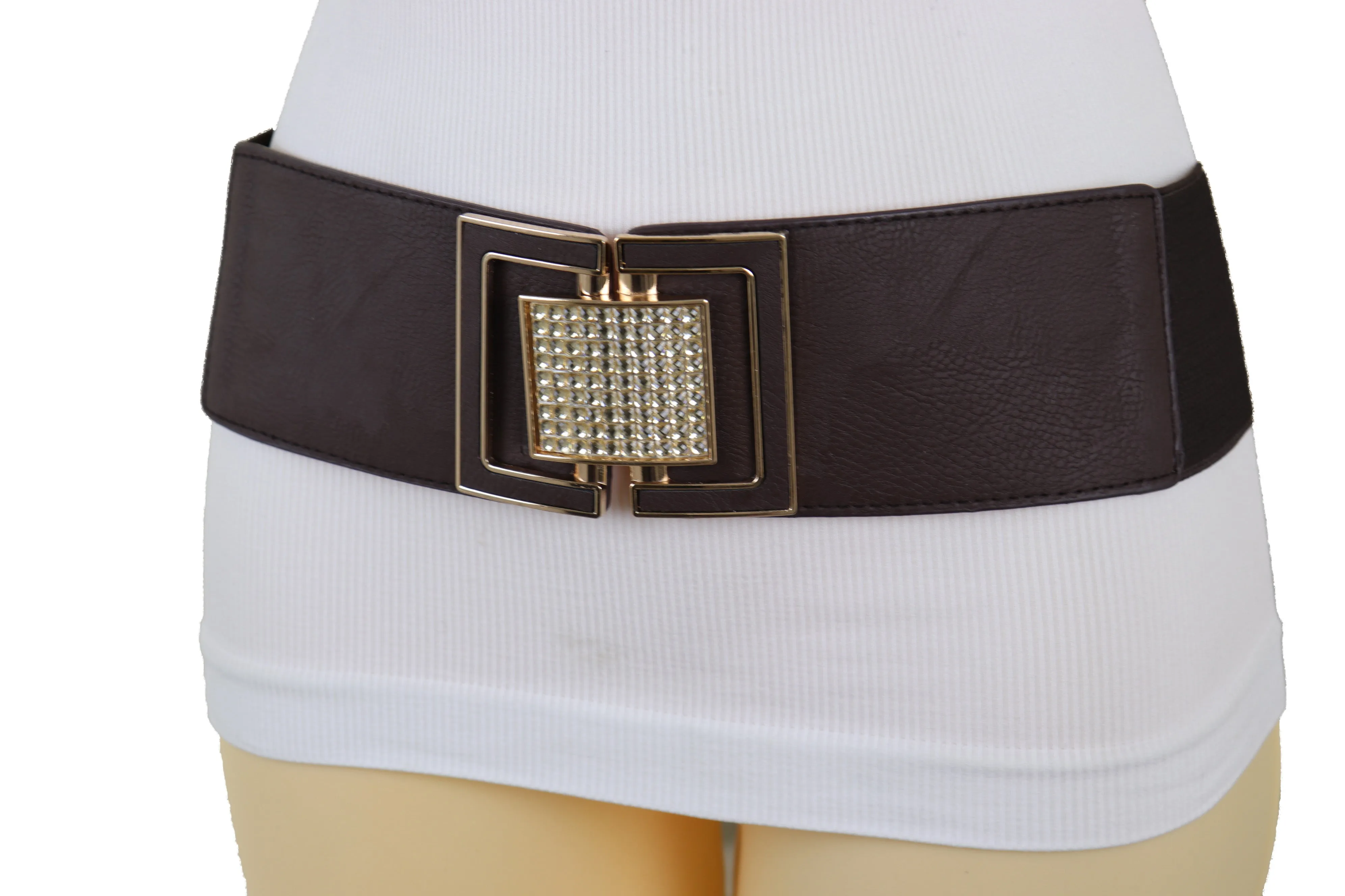 Brown Elastic Belt Gold Square Bling Buckle Fit Size S M