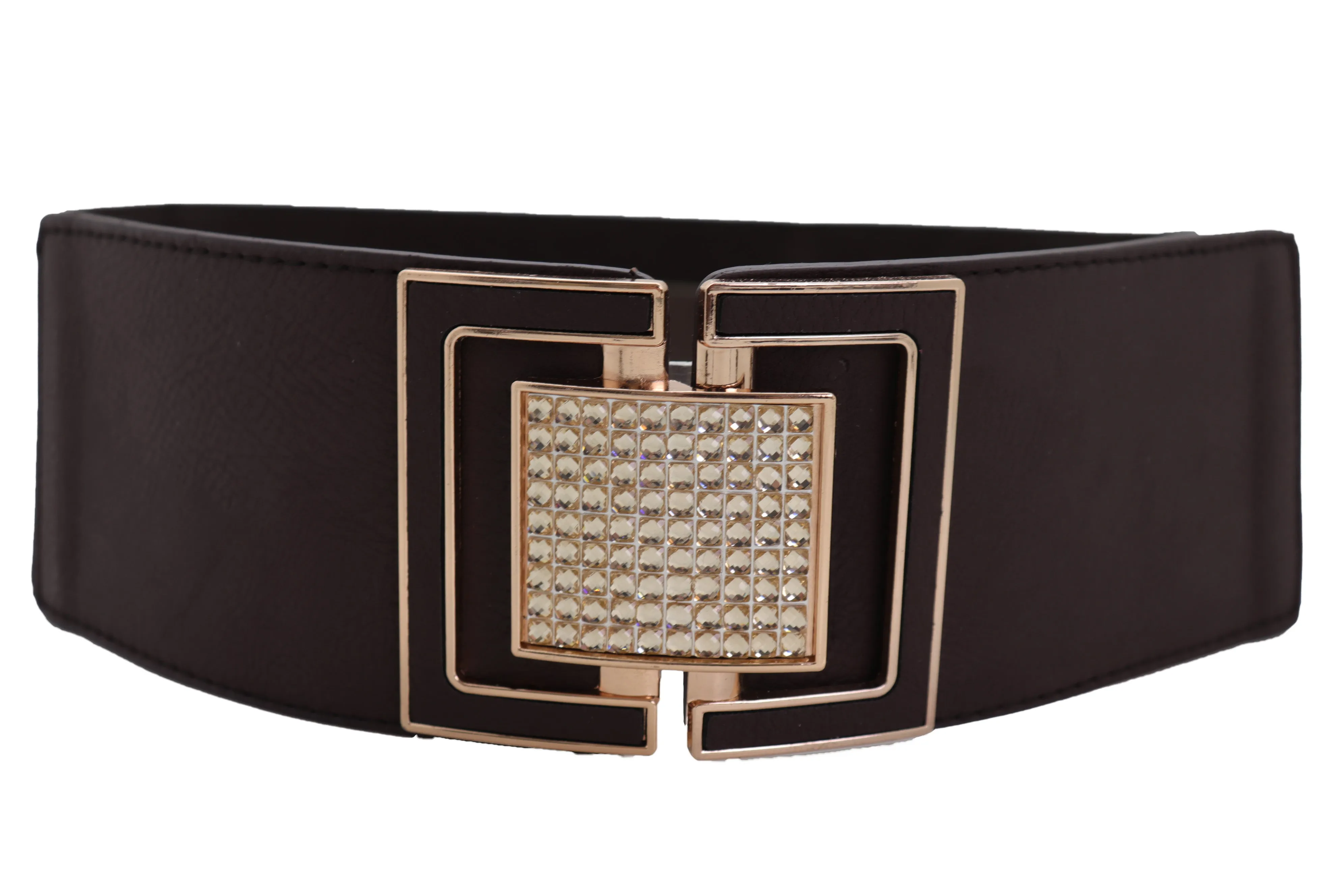 Brown Elastic Belt Gold Square Bling Buckle Fit Size S M