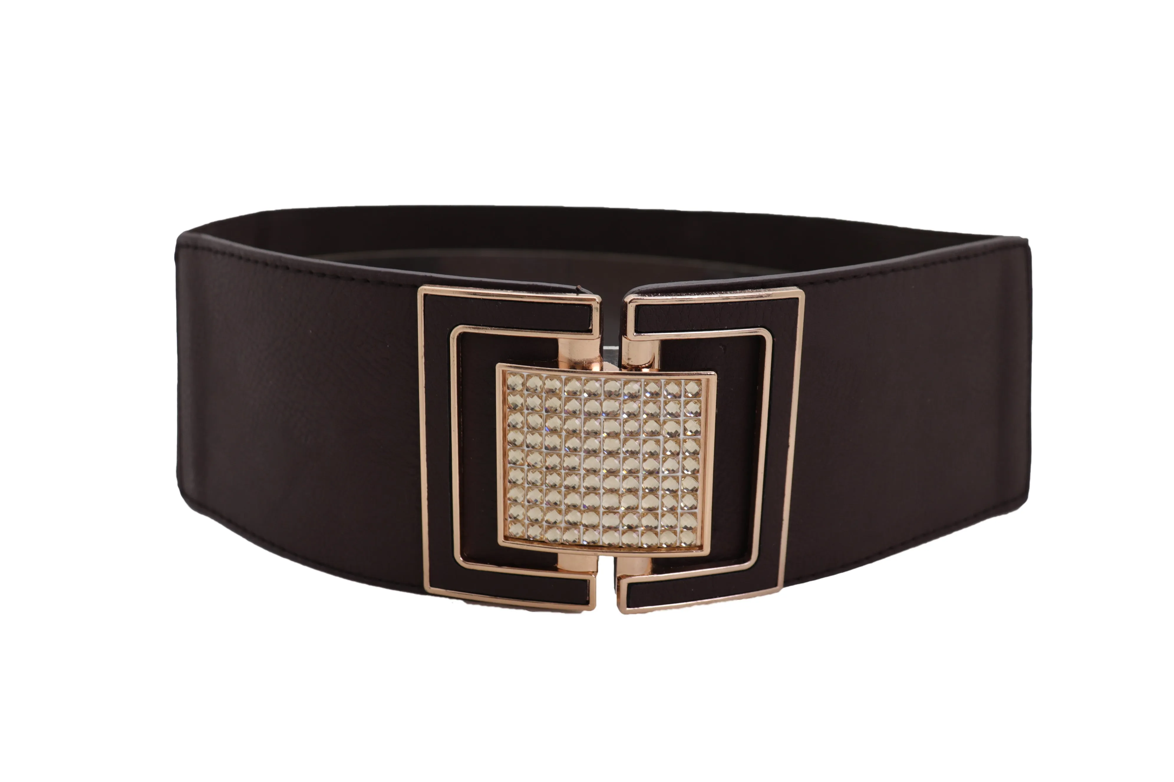 Brown Elastic Belt Gold Square Bling Buckle Fit Size S M