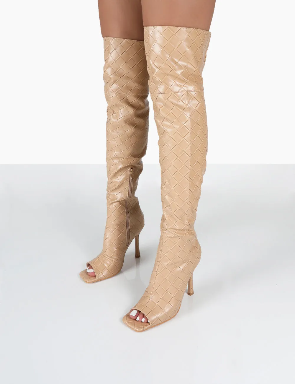 Carlotta Beige Open Toe Woven Material Heeled Over The Knee Boots