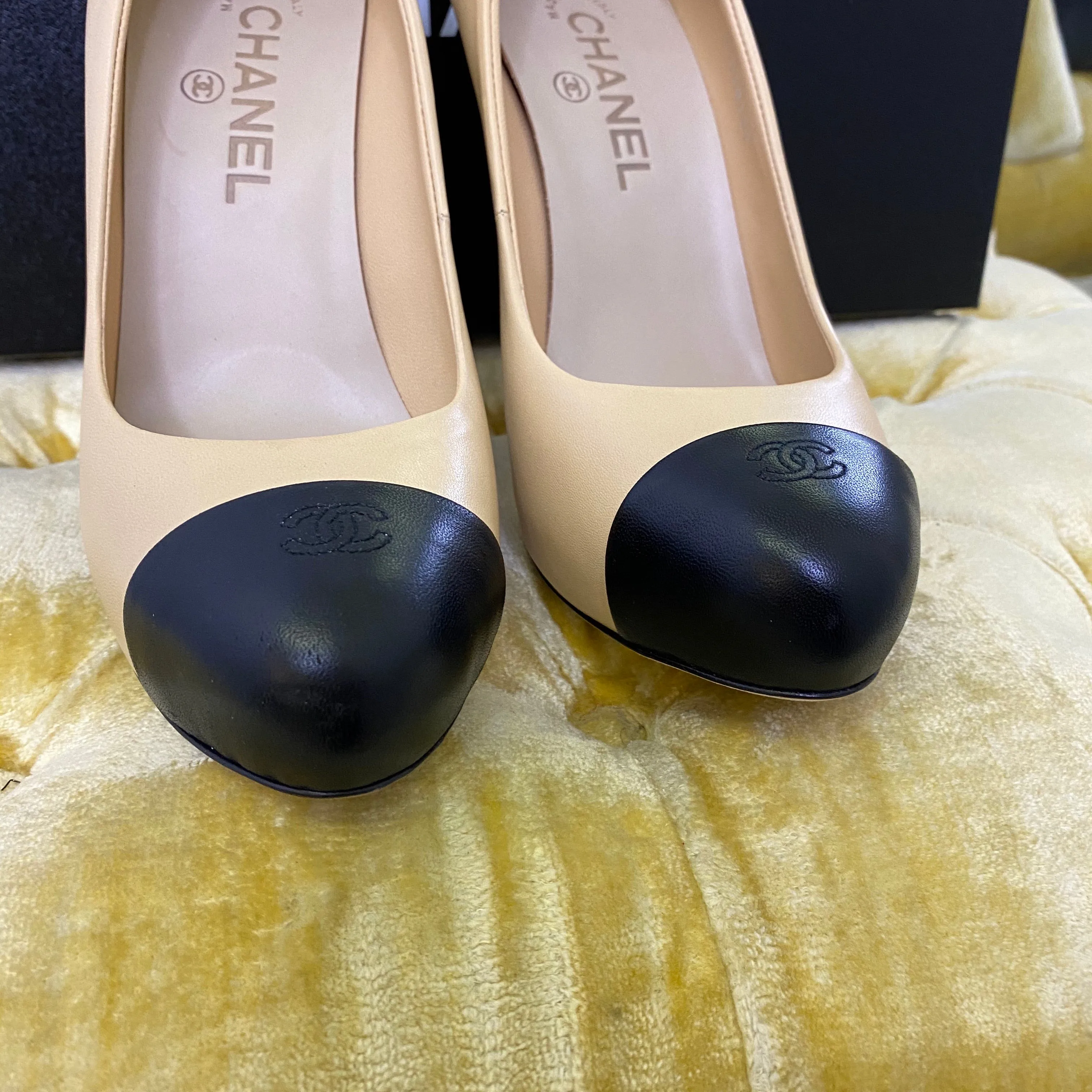 Chanel Beige and Black Cap Toe Platform Pumps