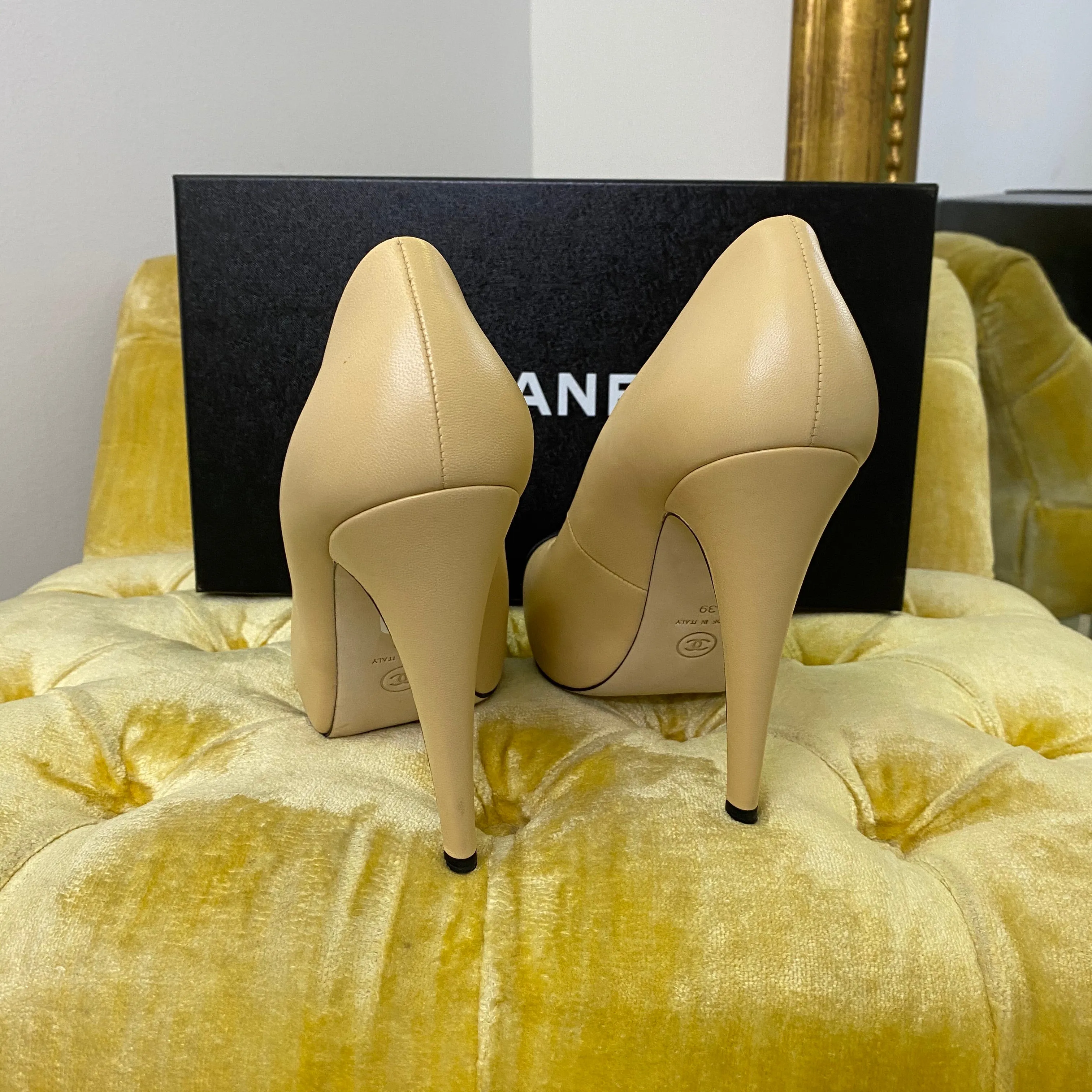 Chanel Beige and Black Cap Toe Platform Pumps