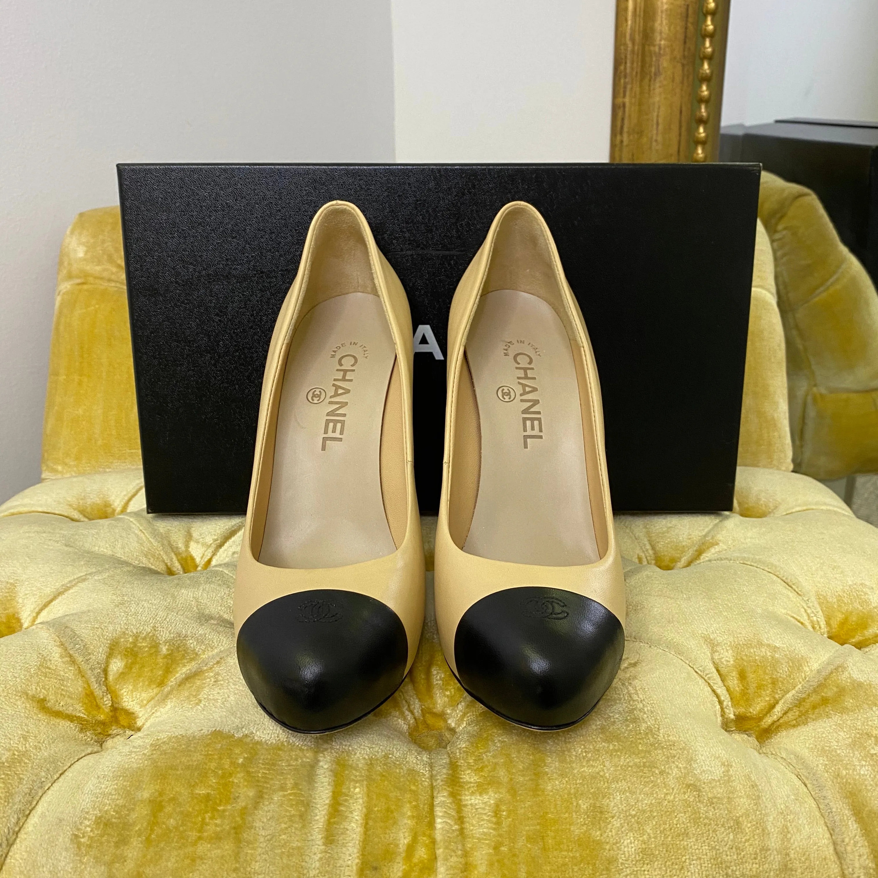 Chanel Beige and Black Cap Toe Platform Pumps