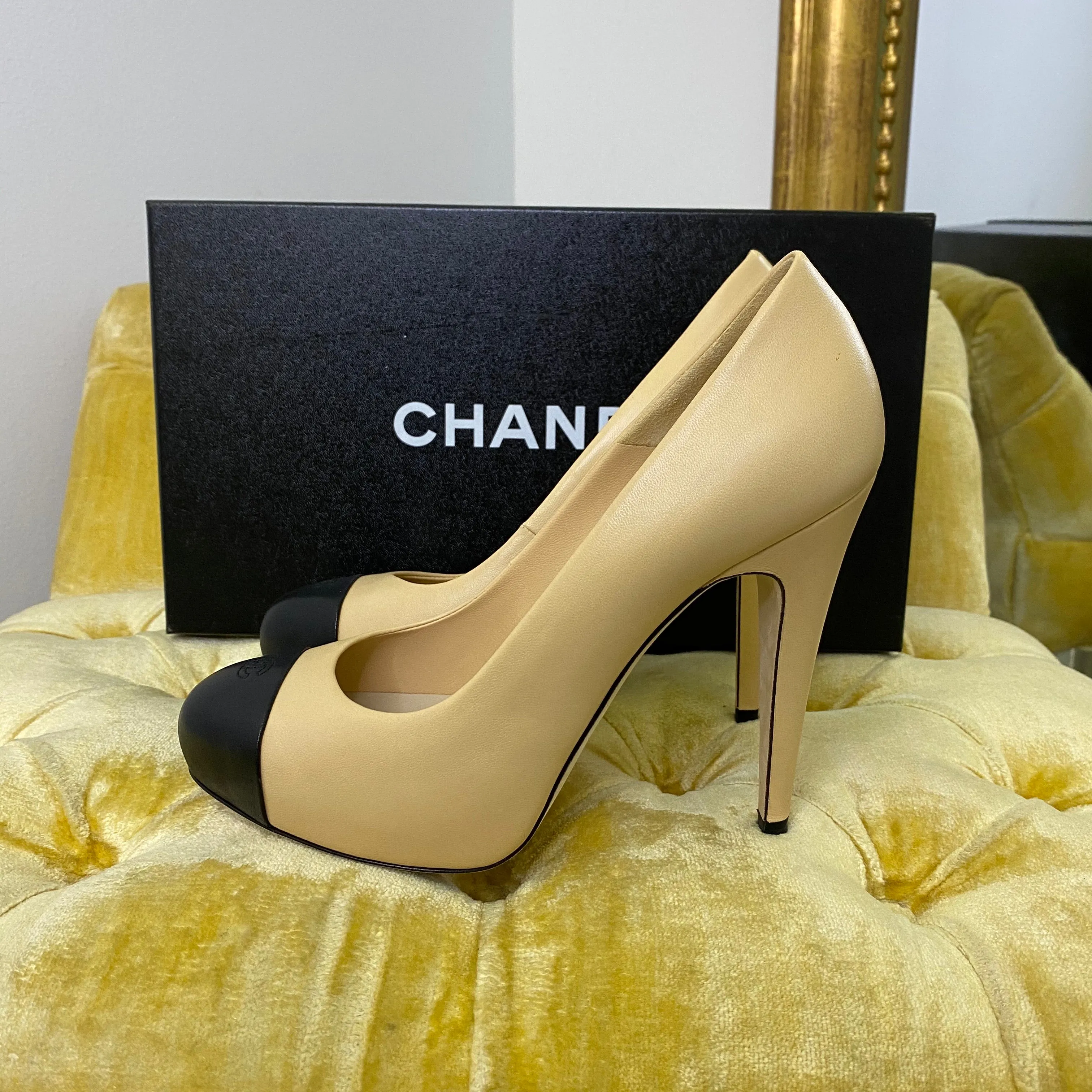 Chanel Beige and Black Cap Toe Platform Pumps