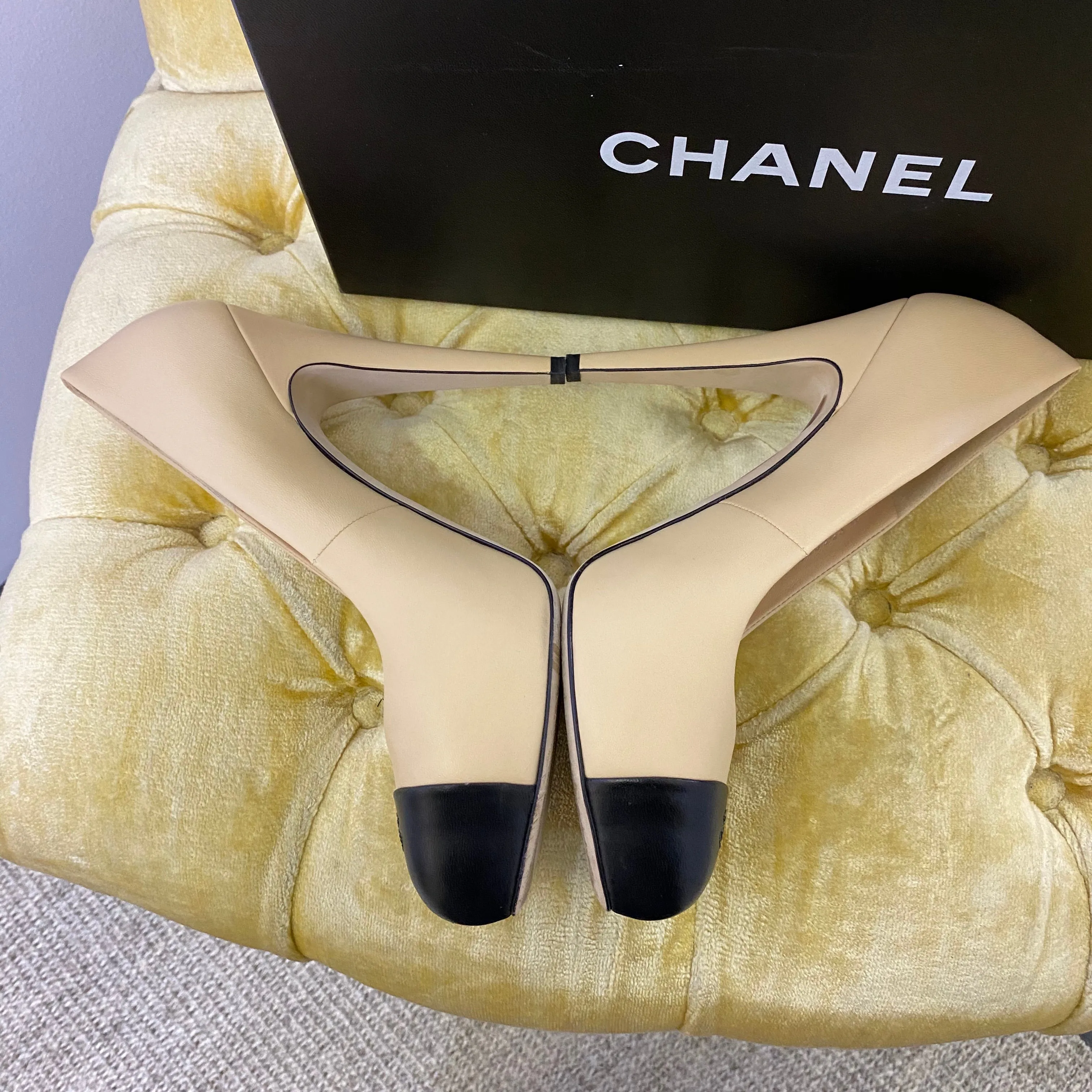 Chanel Beige and Black Cap Toe Platform Pumps