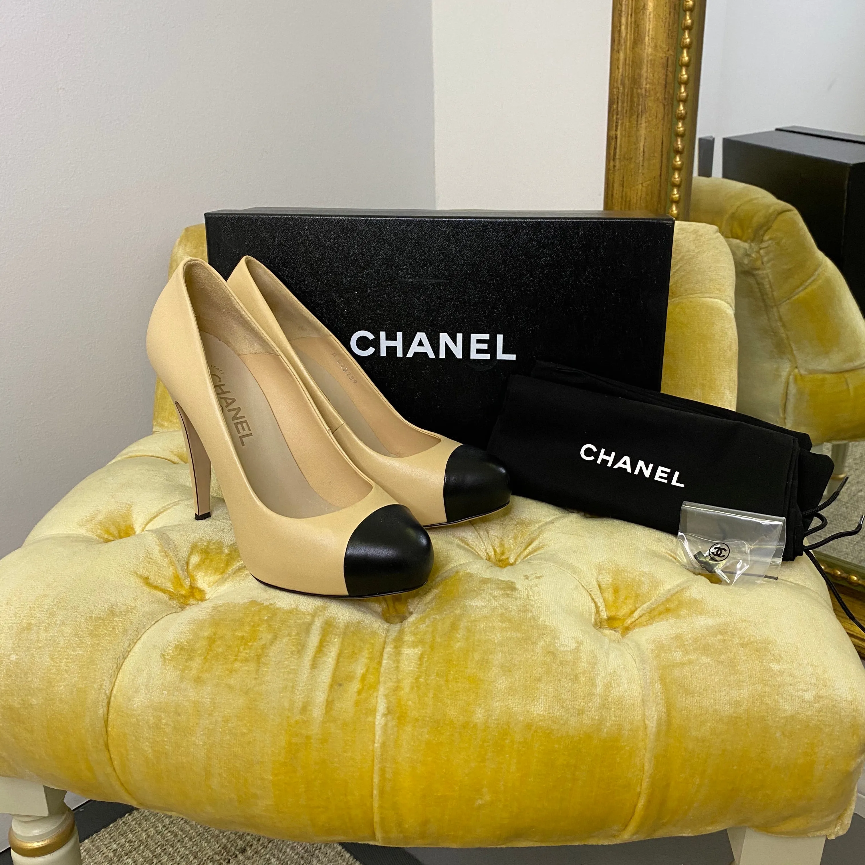 Chanel Beige and Black Cap Toe Platform Pumps