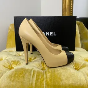 Chanel Beige and Black Cap Toe Platform Pumps