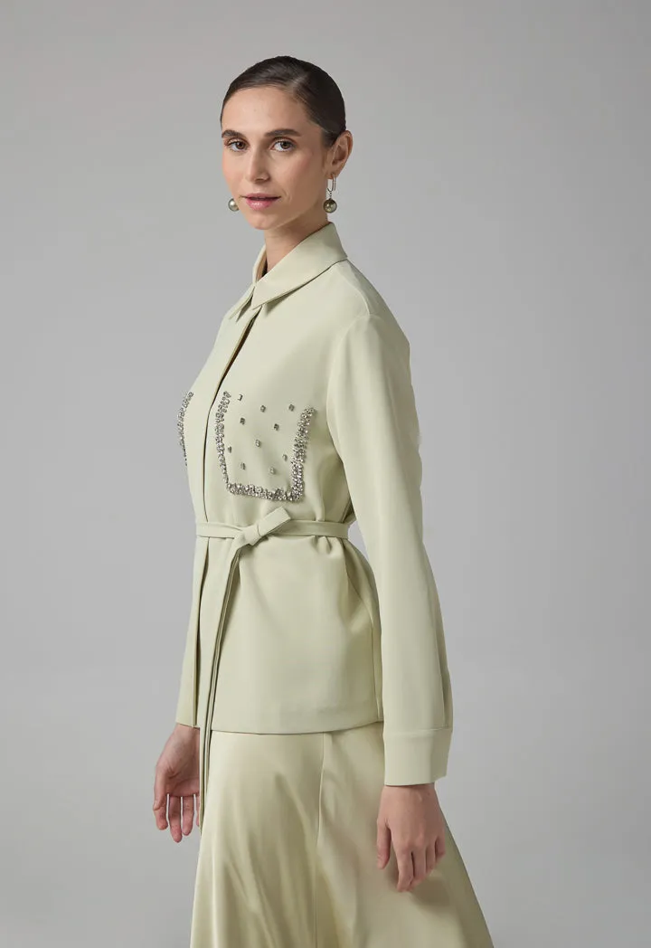 Choice Crystal Embellished Belted Shirt Olive