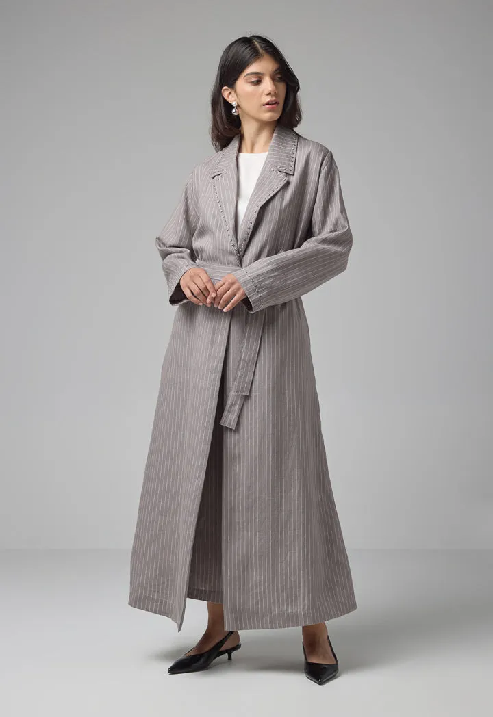 Choice Crystal Embellished Belted Striped Abaya Grey