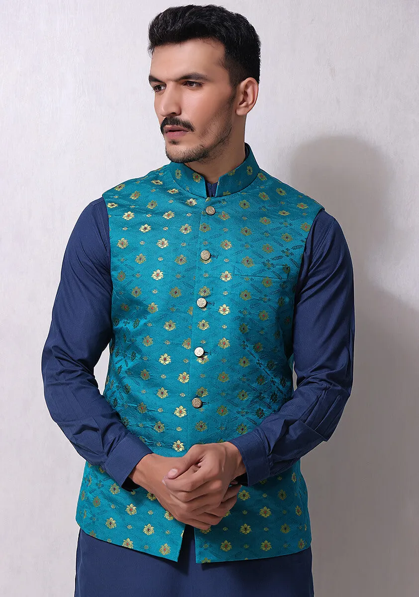 Classic Satin Jamawar Quetzal Green Traditional Waistcoat