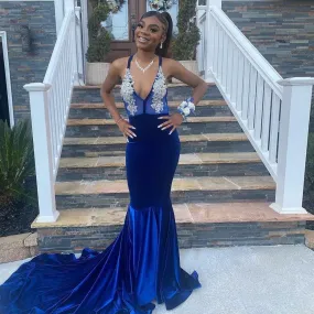 Dark Blue Prom Dress Velvet Beading Appliques Sleeveless Spaghetti Strap Floor Length Long Mermaid Evening Dresses For Women