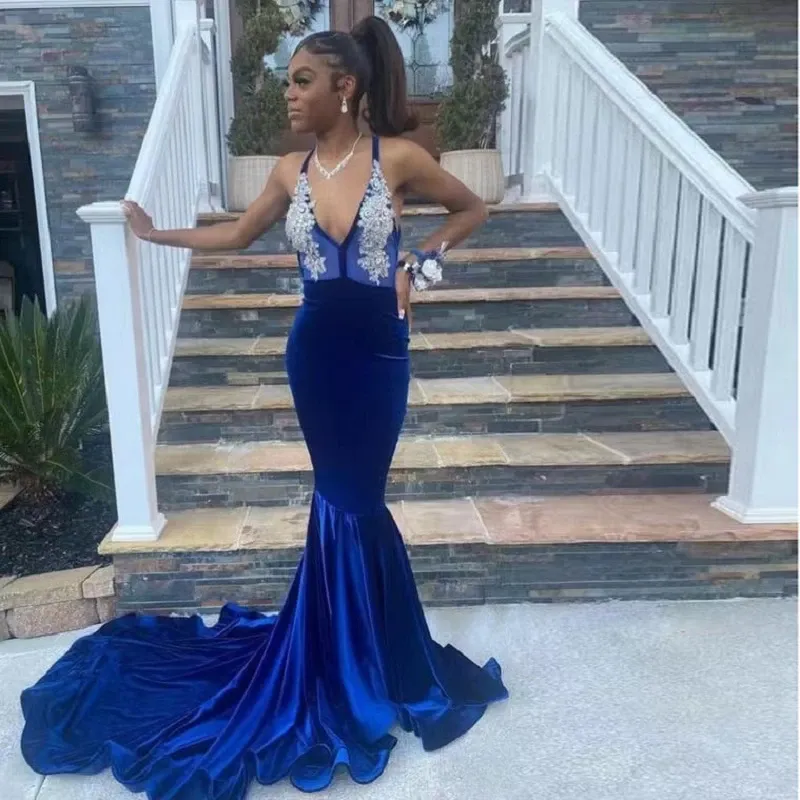 Dark Blue Prom Dress Velvet Beading Appliques Sleeveless Spaghetti Strap Floor Length Long Mermaid Evening Dresses For Women