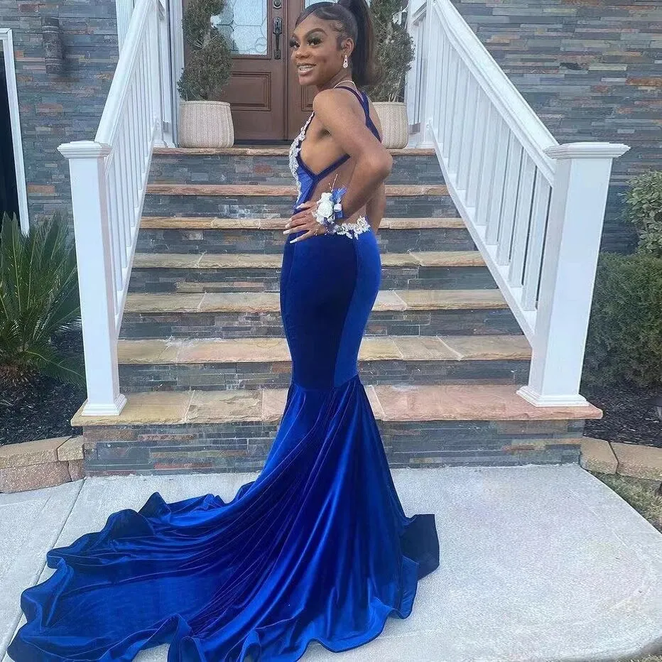 Dark Blue Prom Dress Velvet Beading Appliques Sleeveless Spaghetti Strap Floor Length Long Mermaid Evening Dresses For Women