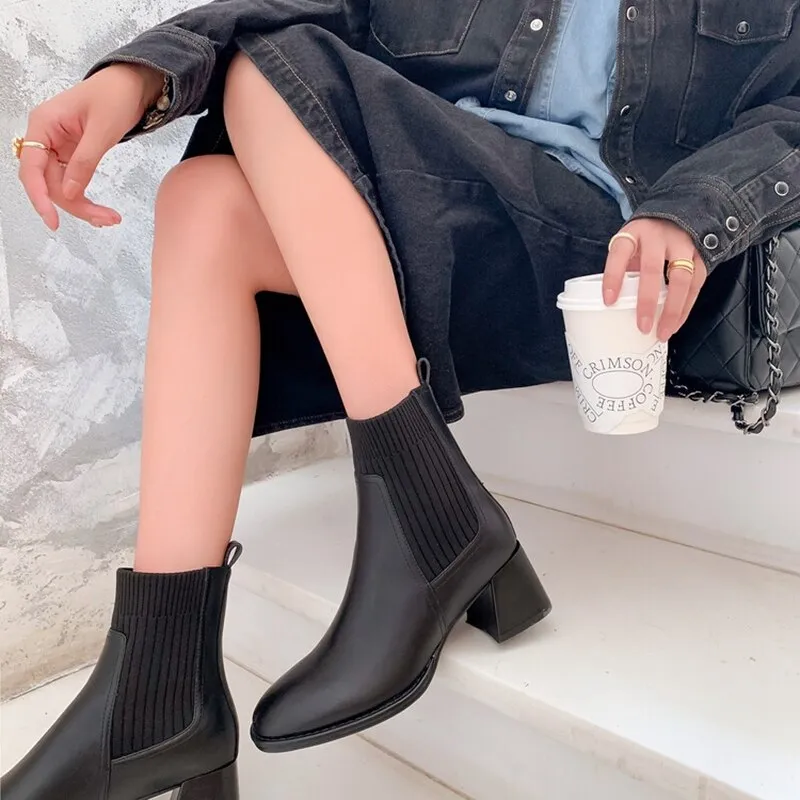 deanwangkt  fashion inspo   NEW Ankle Boots for Women Split Leather Square Toe Chunky Heel Shoes Winter Modern Boots Concise Vintage Knitting Ankle Boots