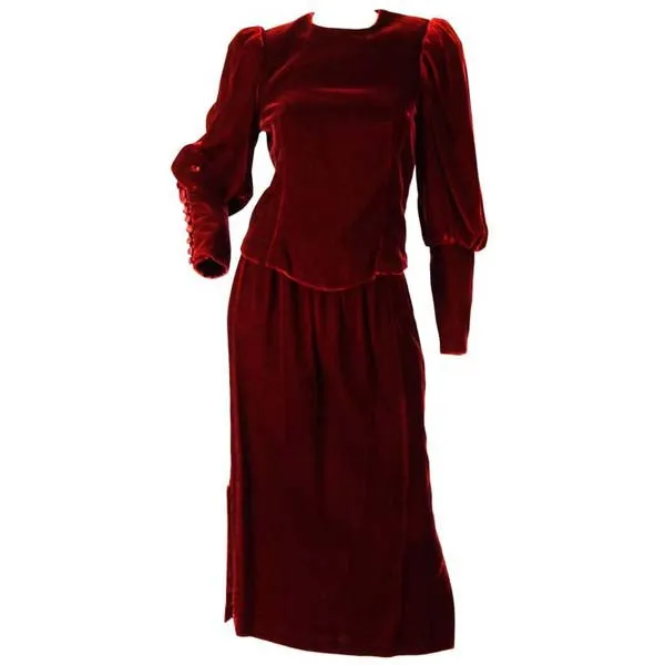 Early 1990s Red Wine Velvet Skirt Set With Dramatic Sleeves