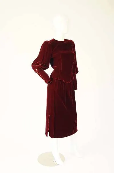 Early 1990s Red Wine Velvet Skirt Set With Dramatic Sleeves