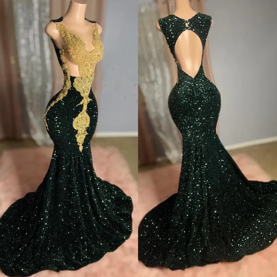 Emerald Green Mermaid African Prom Dress for Women Luxury Crystal Beaded Black Girl Birthday Evening Gown vestidos de festa