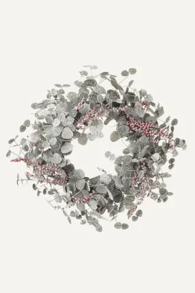 Faux Snow Dusted Christmas Foliage and Red Berry Wreath